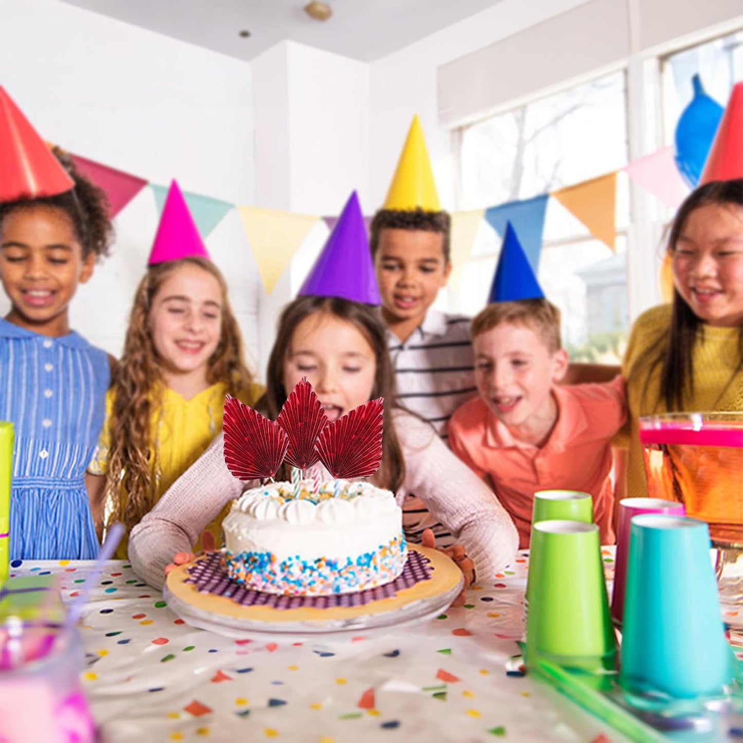 Ephlyn 6Pcs Paper Palm Leaves Fan Cake Toppers Palm Leaf Fan Cake Picks Craft DIY Fan Cupcake Toppers Palm Spear Leaves Cake Decorations for Baby Shower Wedding Birthday Party Supplies Bright Red