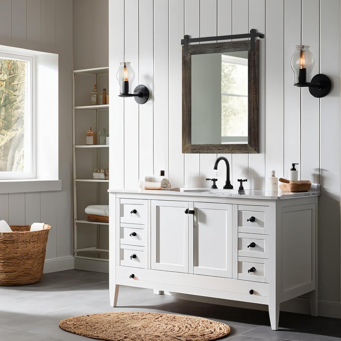 COGOOD Farmhouse Barn Door Mirror - 21" x 30" Rustic Wood Framed Wall Mirror for Bathroom, Living Room, Entryway Wall Decor (Speckled White)