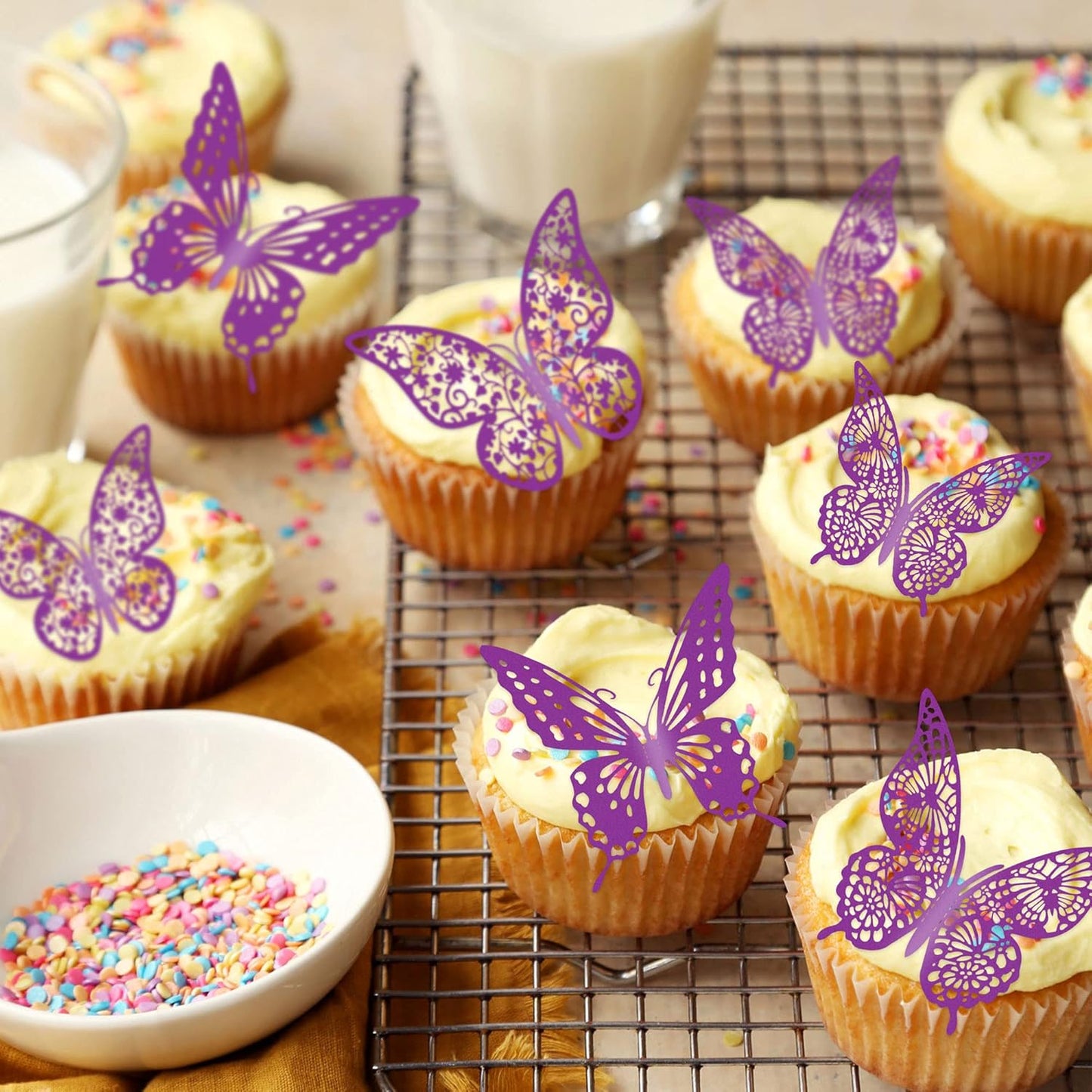 Gyufise 36 Pack Purple 3D Butterfly Cupcake Toppers Hollow Cake Decorations for Birthday Wedding Fairy Party Wall Sticker Decal