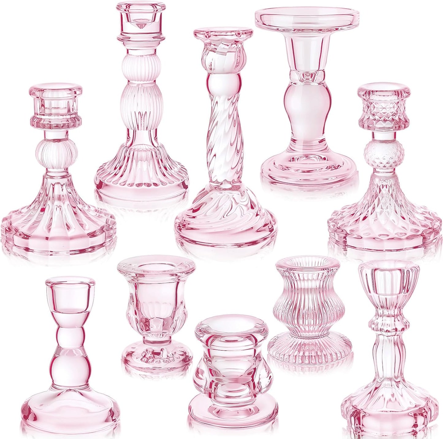 Mumufy 10 Pcs Glass Crystal Taper Candle Holders Clear Glass Candlestick Holder Fit 0.8 Inch Candles Crystal Decorative Candle Stand Centerpiece Table Wedding Dining Party (Classic,Pink)