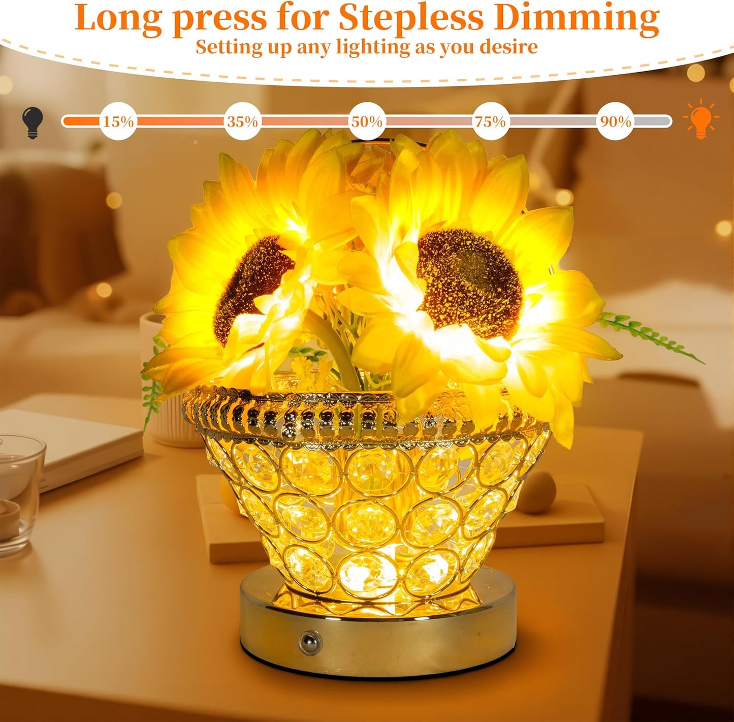 Birthday Gifts for Women, Gift Basket for Mom Sunflower Cordless Table Lamp,3 Color Crystal Lamps Touch Bedside Lamps Infinitely Dimming with USB Charge Small Night Light for Bedroom