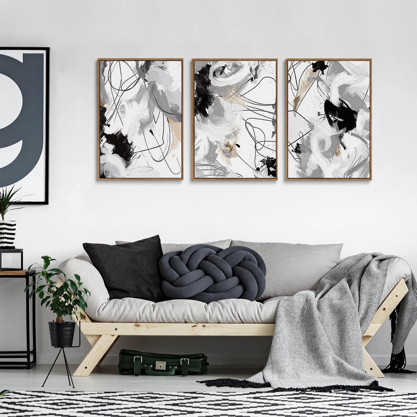 myusuar 3 Piece Large Modern Abstract Canvas Framed Wall Art For Living Room, Black And White Lines Minimalist Wall Art Decor Posters Prints For Bedroom Office, 24x36in