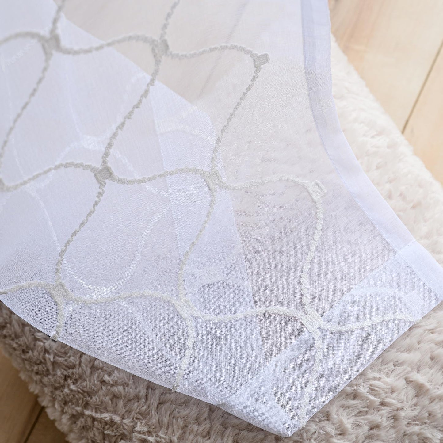 Embroidered Wave Diamond Sheer Curtains White 95 Inches, Window Treatments Rod Pocket Drapes for Living room, Bedroom, Semi Voile Curtain Panels for Yard, Patio, Villa, Parlor, Set of 2, 52"x95".