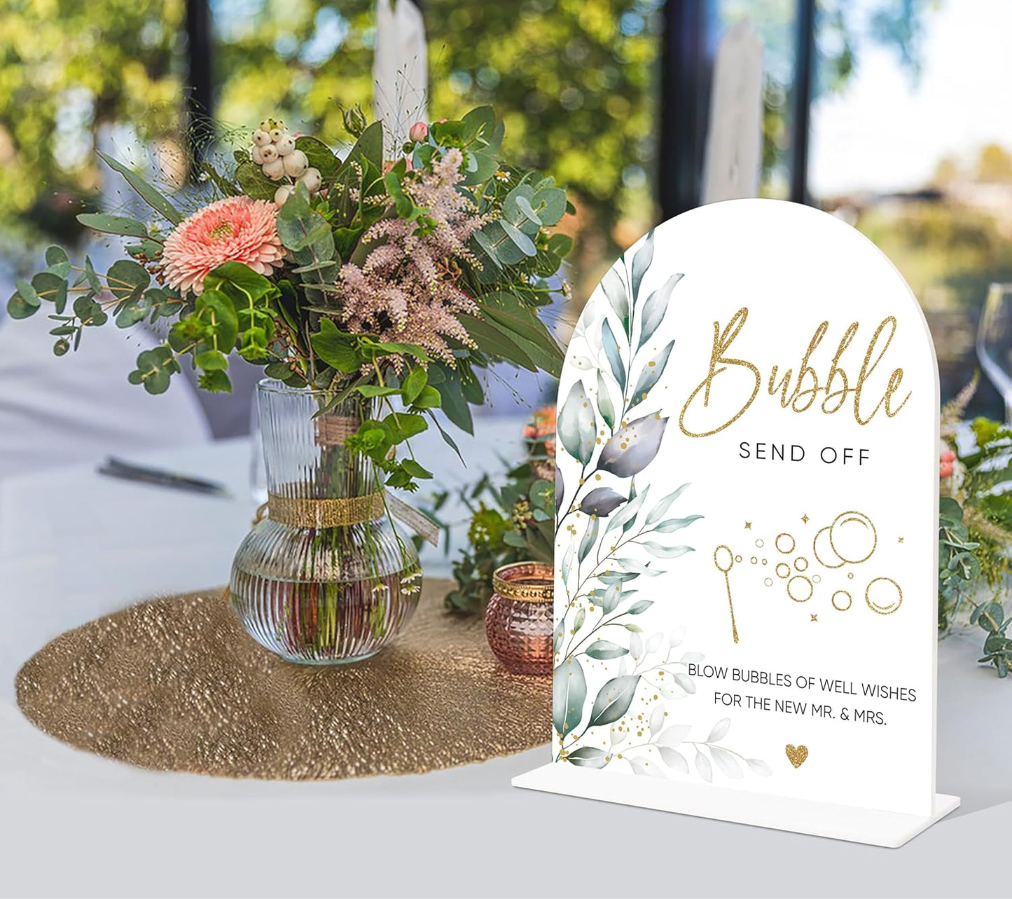Acrylic Wedding Signs, Greenery Theme Bubbles Send Off Sign, Wedding Reception Signage, Bridal Shower Table Decor with Stand, Engagement, Anniversary, Newlywed Events and Parties Supplies, 14
