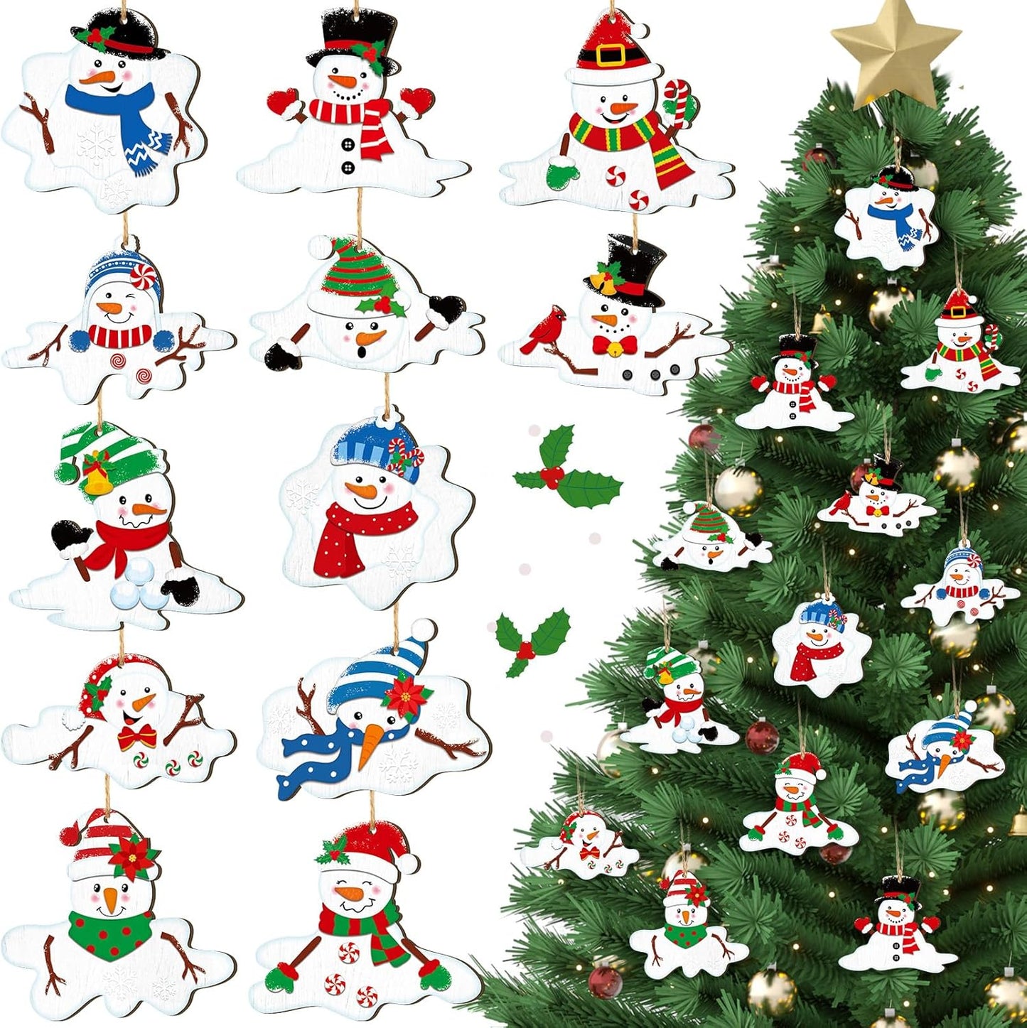 Suzile 36 Pcs Christmas Wooden Ornaments Melting Snowman Style Hanging Decor Cartoon Christmas Tree Hanging Decoration Melting Snowman Pattern for Xmas Home Winter Party