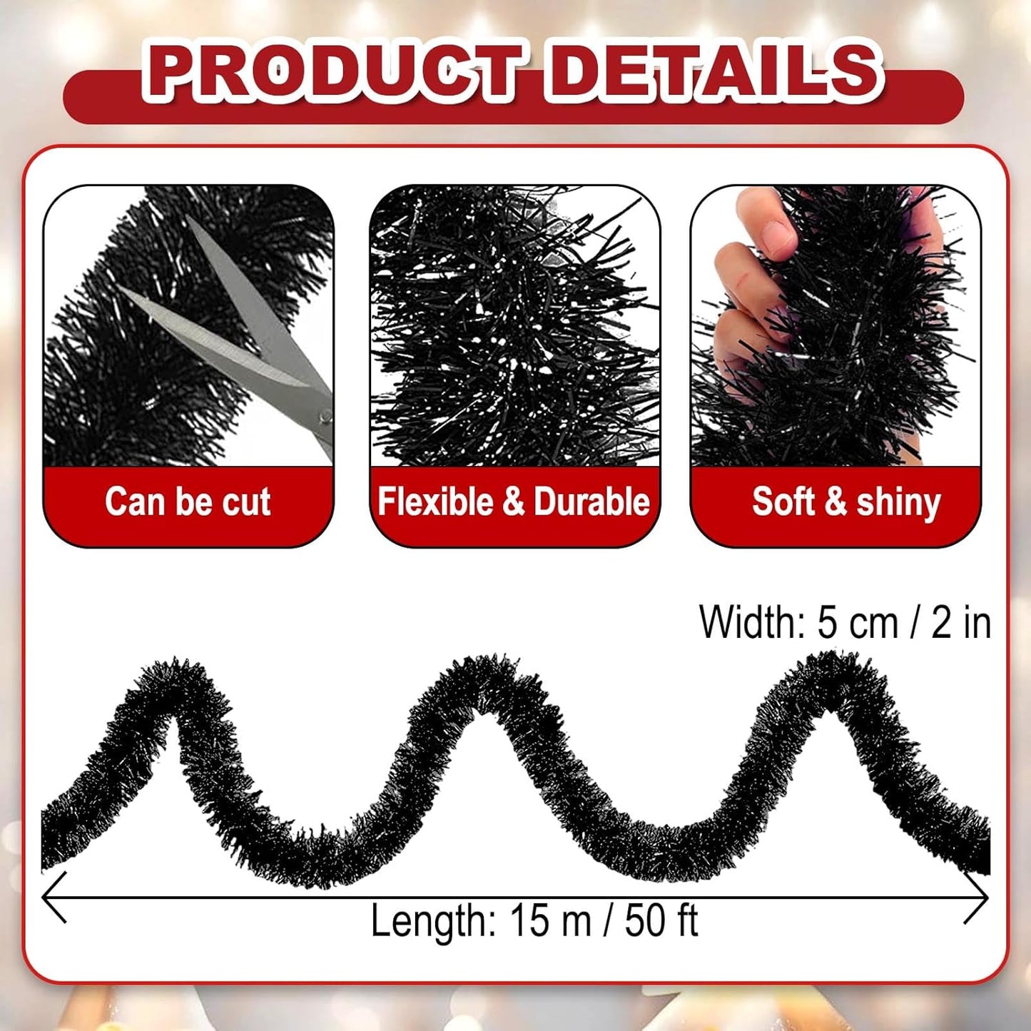 50 Feet Christmas Foil Fringe Banner Metallic Tassle Garland Metallic Backdrop Parade Floats Shiny Hanging Ceiling, Valentine's, Wedding, New Year Party Decorations(2" x 50', Black)