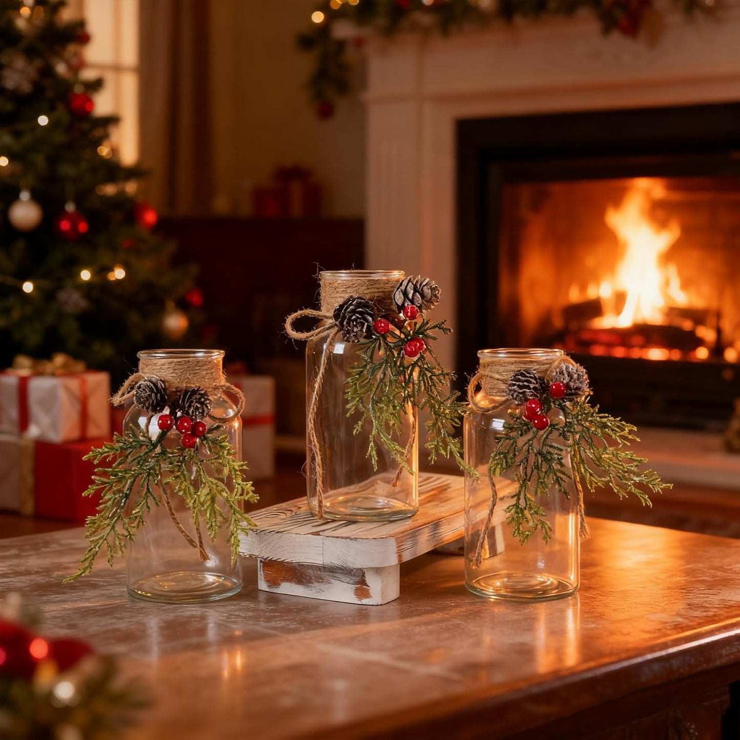 Set of 6 Xmas Decor Vases Christmas Centerpieces for Tables Farmhouse Holiday Table Decor Clear Glass Vases with Twine Ties for Christmas Decorations