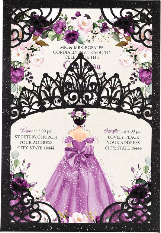 50Pcs Blank Pearlized Black Crown Invitations for Quinceanera, 15 year, Sweet 16, Miss XV, Birthday Laser Cut Quince Invitation Cards
