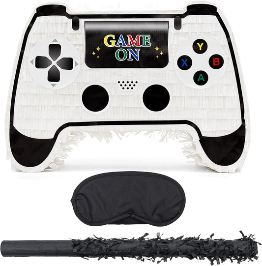 White Game Controller Pinatas Bundle with a Blindfold and a Bat(16.5 x 12 x 3.5 Inches), Perfect for kid's Birthday Parties, Mexican Theme Parties, Decorations
