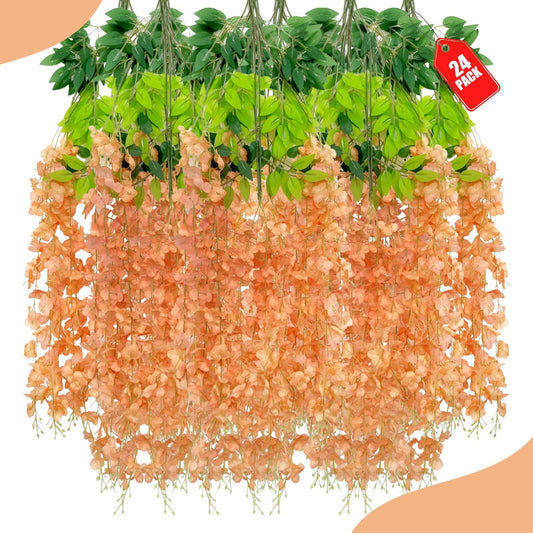 24 Pack Orange Wisteria Hanging Flowers, 3.4 Ft Fake Hanging Flowers, Artificial Wisteria Garland Vines for Wedding Room Backdrop Outdoor Patio Garden Decoration