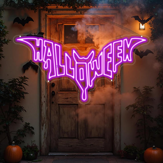 Halloween Bat Shaped Neon Sign Spooky Red LED Wall Decor For Haunted House Party Gothic Bar Room Glowing Halloween Decoration Outdoor Use Bedroom Home Decor Bar LED Decoration Light-Purple