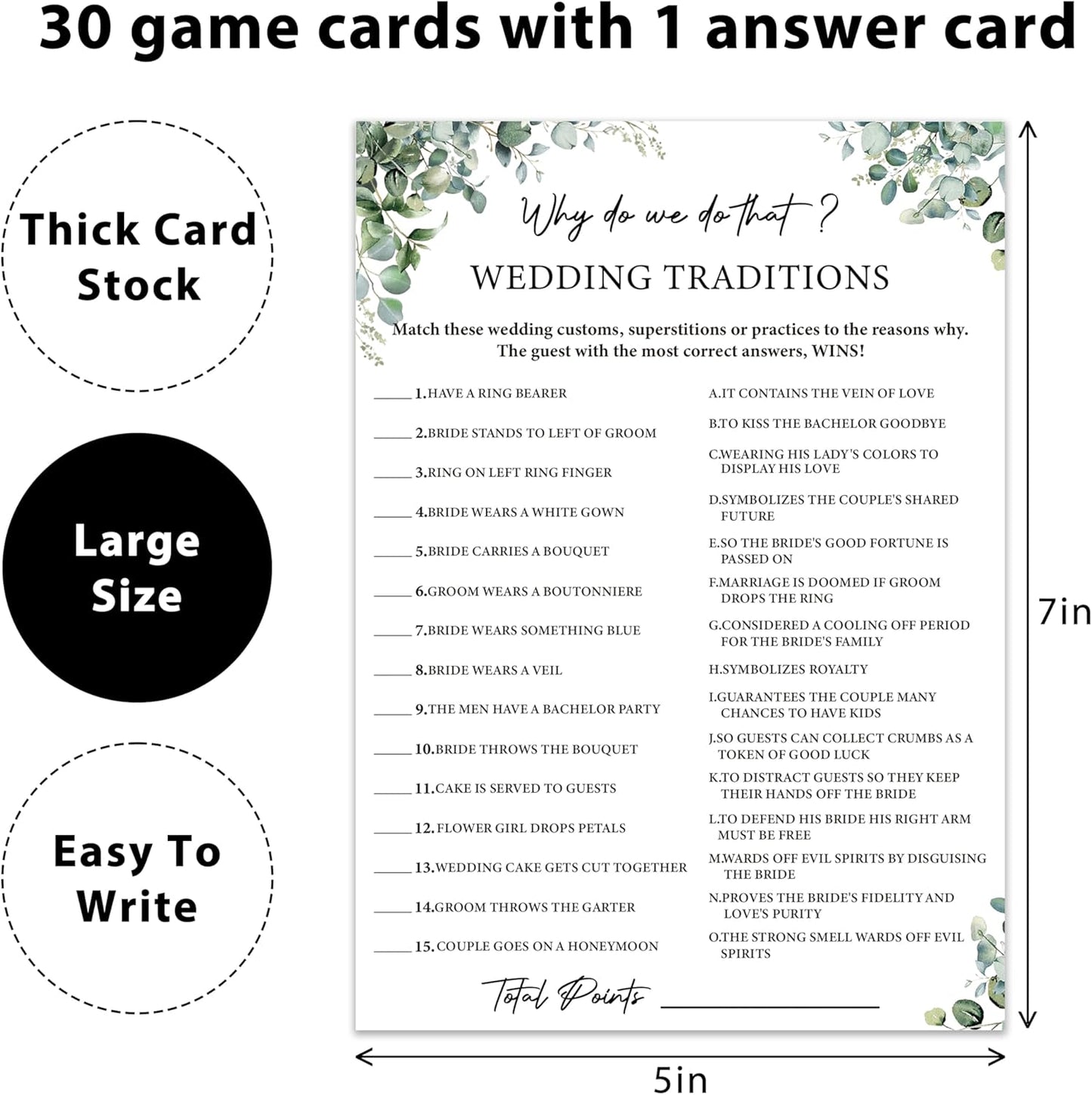 Eucalyptus Bridal Shower Game Cards - Why Do We Do That ? Wedding Traditions, Engagement Bachelorette Party Games for 30 Guests, 30 Double Sided Cards with 1 Answer Card, Activity Supplies & Favor/A09