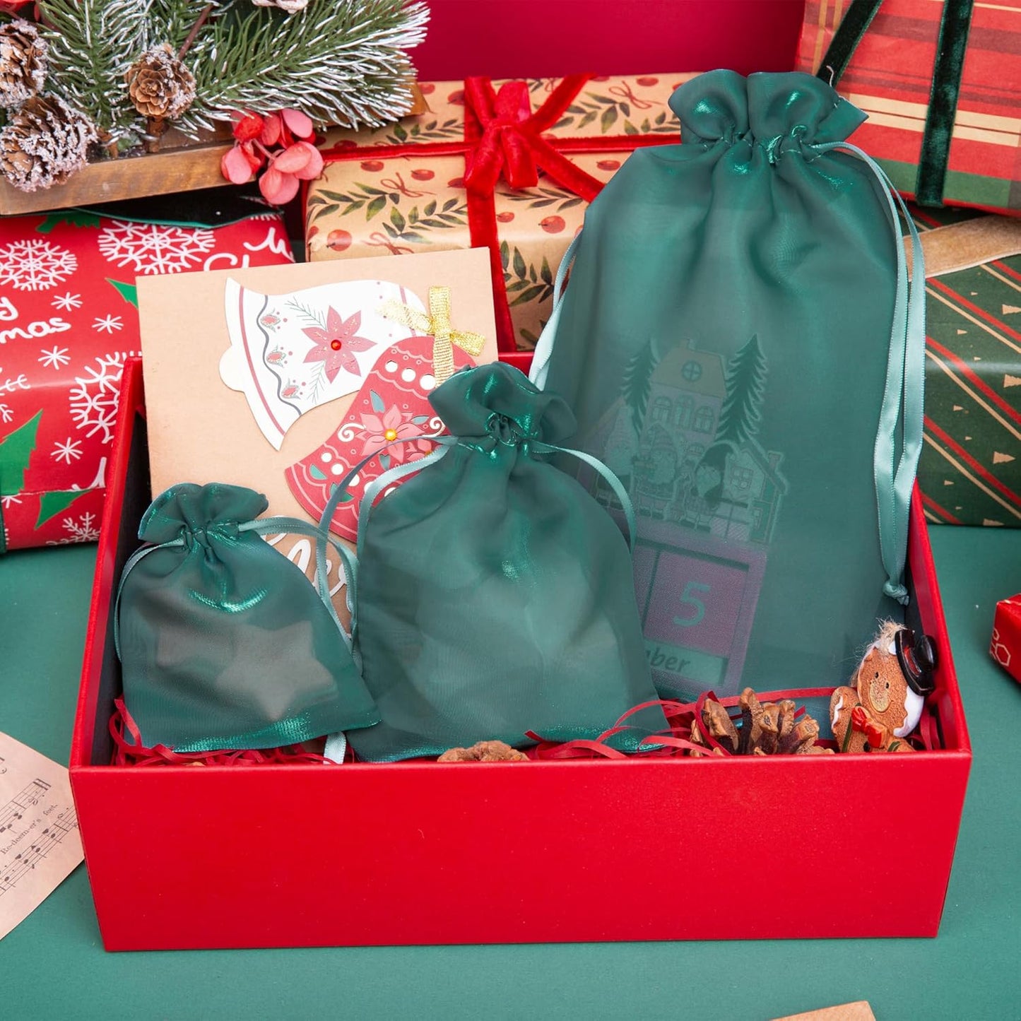 QIANF 20 Pcs Dark Green Small Organza Bags 6X9 inch for Wedding Favors with Drawstring, Mini Mesh Gift Bags Jewelry Pouch for Candy Bridal Shower Party Favor Baby Shower Christmas