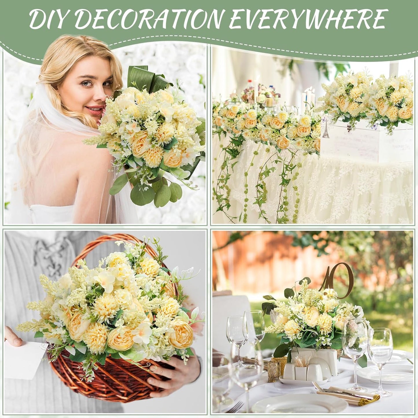 Zeyune 8 Pcs Wedding Silk Flowers Fake Silk Flowers Faux Bouquet Hydrangea Bouquets for Wedding Birthday Party Table Centerpieces Home Decoration(Champagne,Peony)