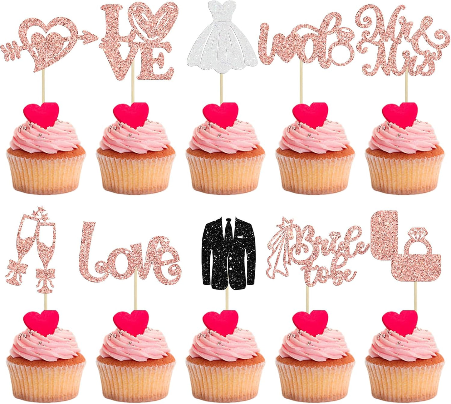 Ephlyn 30Pcs Bride to be Cupcake Toppers Glitter Wedding Cake Topper Decorations I Do Love Heart Ring Cupcake Picks for Bridal Shower Wedding Engagement Party Supplies Rose Gold