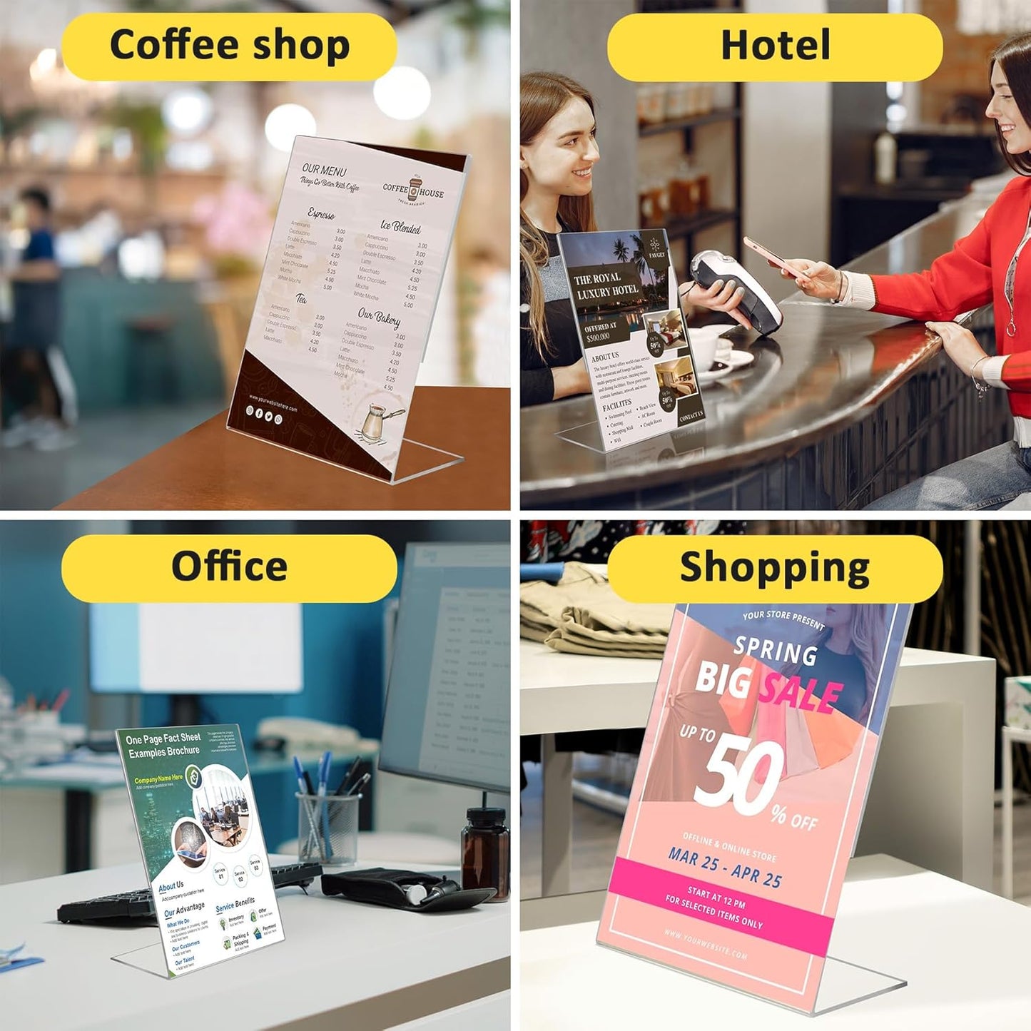 4 Pack Acrylic Sign Holder 8.5x11, Clear Plastic Slanted Back Sign Holders, Desktop Papers Menus Frame Flyer Document Holder Display Stand for Coffee Shops, Hotels, Offices, Public Spaces