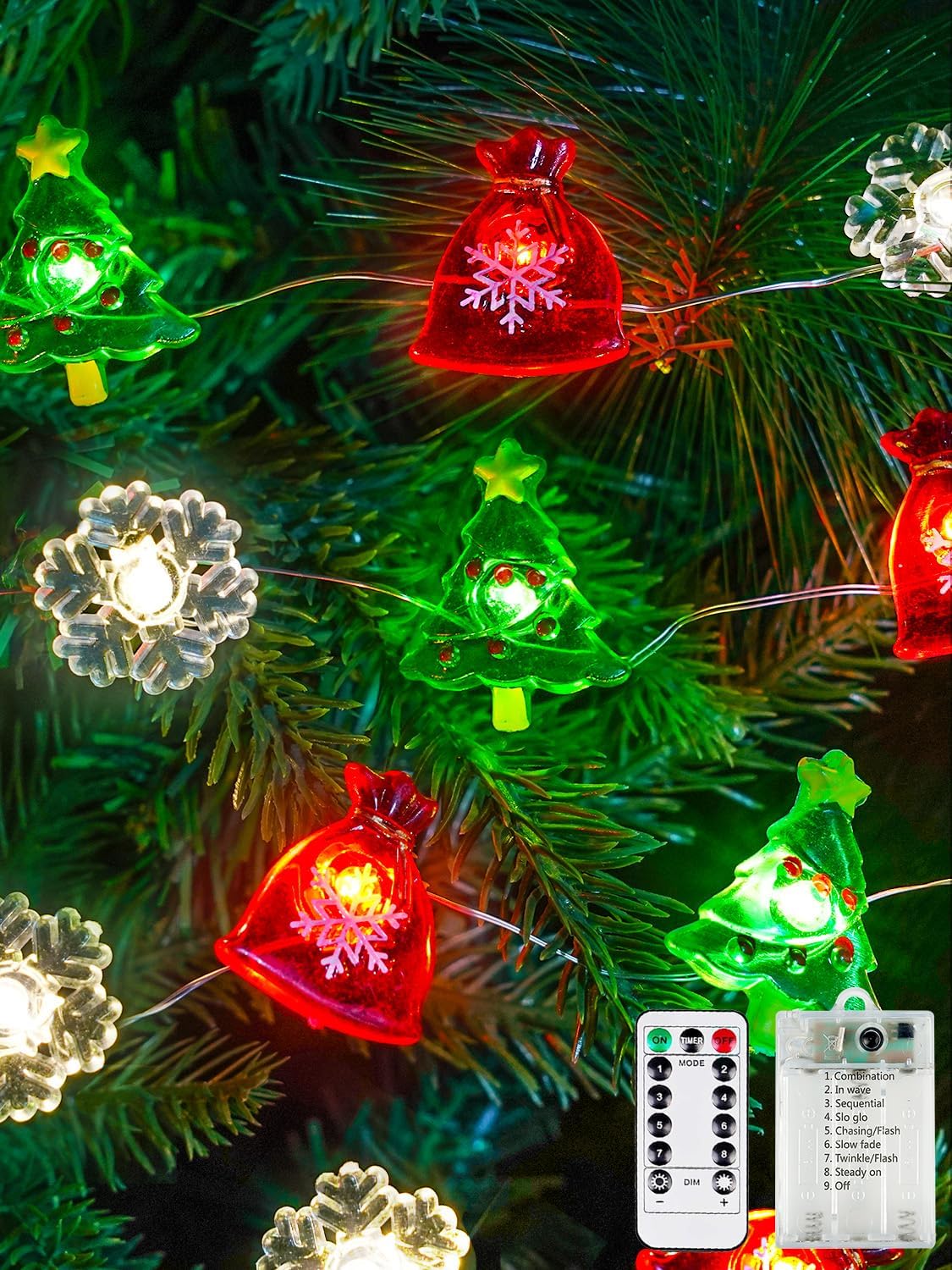 Christmas Decoration Lights, 10FT 30 LED Christmas Tree Snowflake Lucky Bag Fairy Lights Battery Operated with Remote, Twinkle String Light 8 Modes & Timer for Indoor Outdoor Xmas Party House Decor