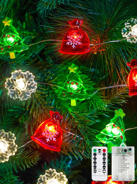 Christmas Decoration Lights, 10FT 30 LED Christmas Tree Snowflake Lucky Bag Fairy Lights Battery Operated with Remote, Twinkle String Light 8 Modes & Timer for Indoor Outdoor Xmas Party House Decor