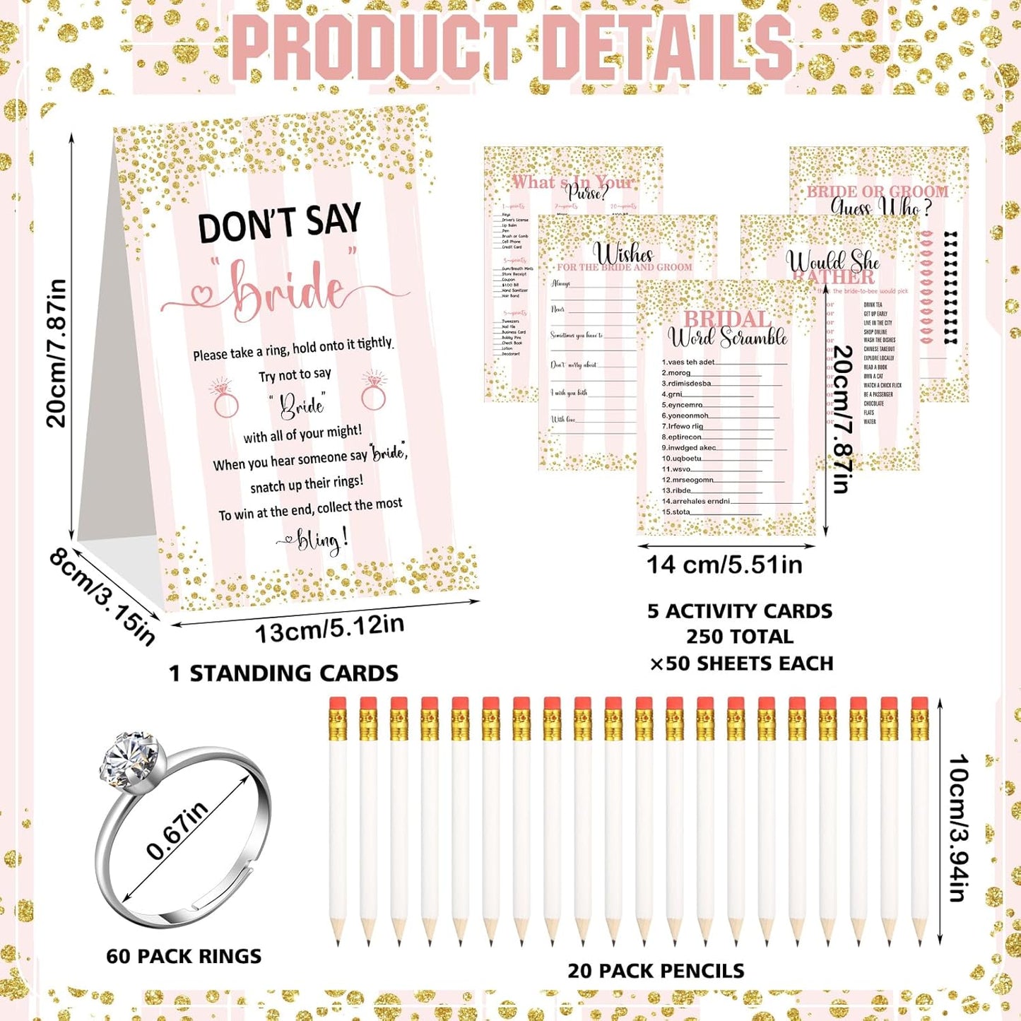 Estune 331 Pcs Bridal Shower Games Supplies, 5 Sets 250 Pcs Wedding Cards 1 Put a Ring on It Bridal Shower Games with 60 Rings and 20 Pencils(Confetti Style)