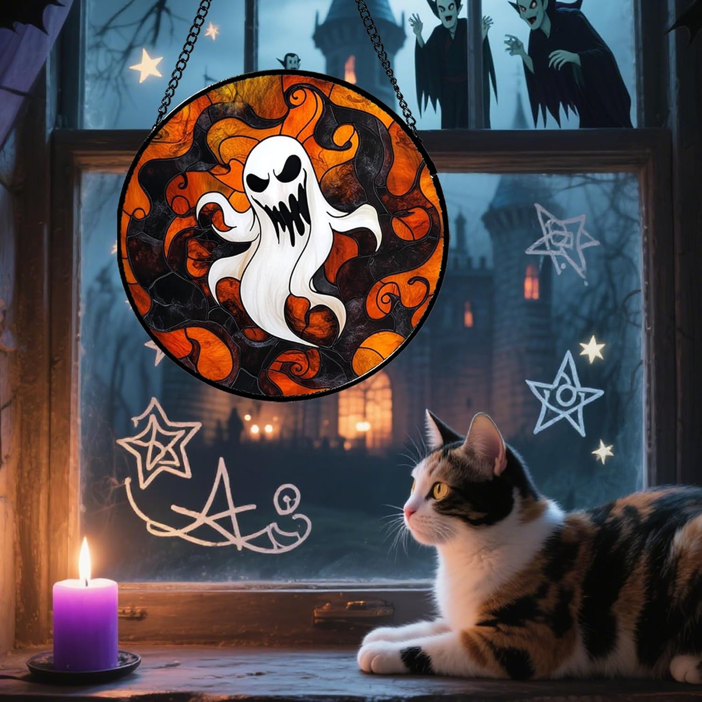 Stained Glass Window Hanging - Halloween White Ghost Suncatcher for Doors Window Garden Indoor Spooky Funny Orange Sun Catchers Gothic Decor Horror Gifts for Women Men Friend 9.8 in