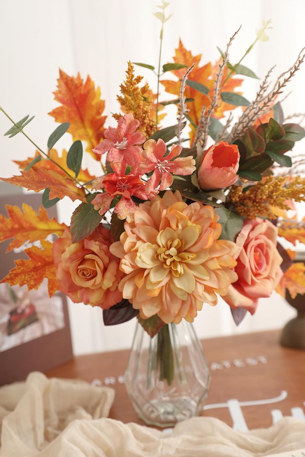 Artificial Flowers with Vase,Orange Silk Roses and Fake Plant Eucalyptus in Vase,Faux Flower Arrangement with Vase Suitable for Home Office Decoration, Living Room and Dining Table Centerpiece