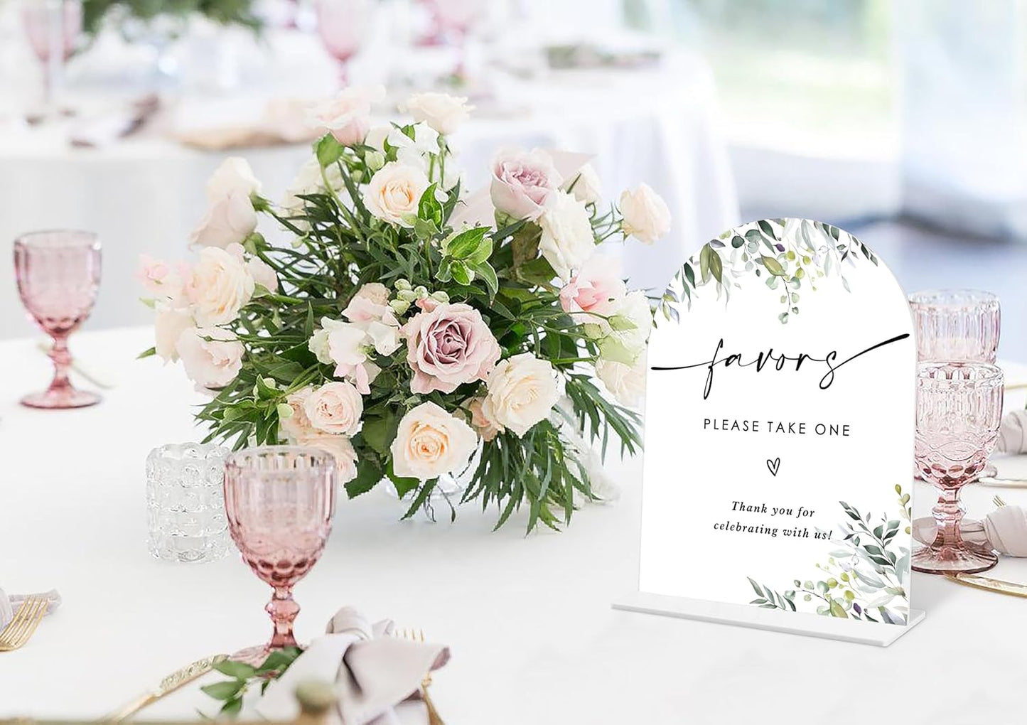 Greenery Favors Sign, 6 x 8 Inch White Arch Acrylic Wedding Sign with Holder, Wedding Sign for Ceremony and Reception, Wedding Decoration, Wedding Supplies - LY26