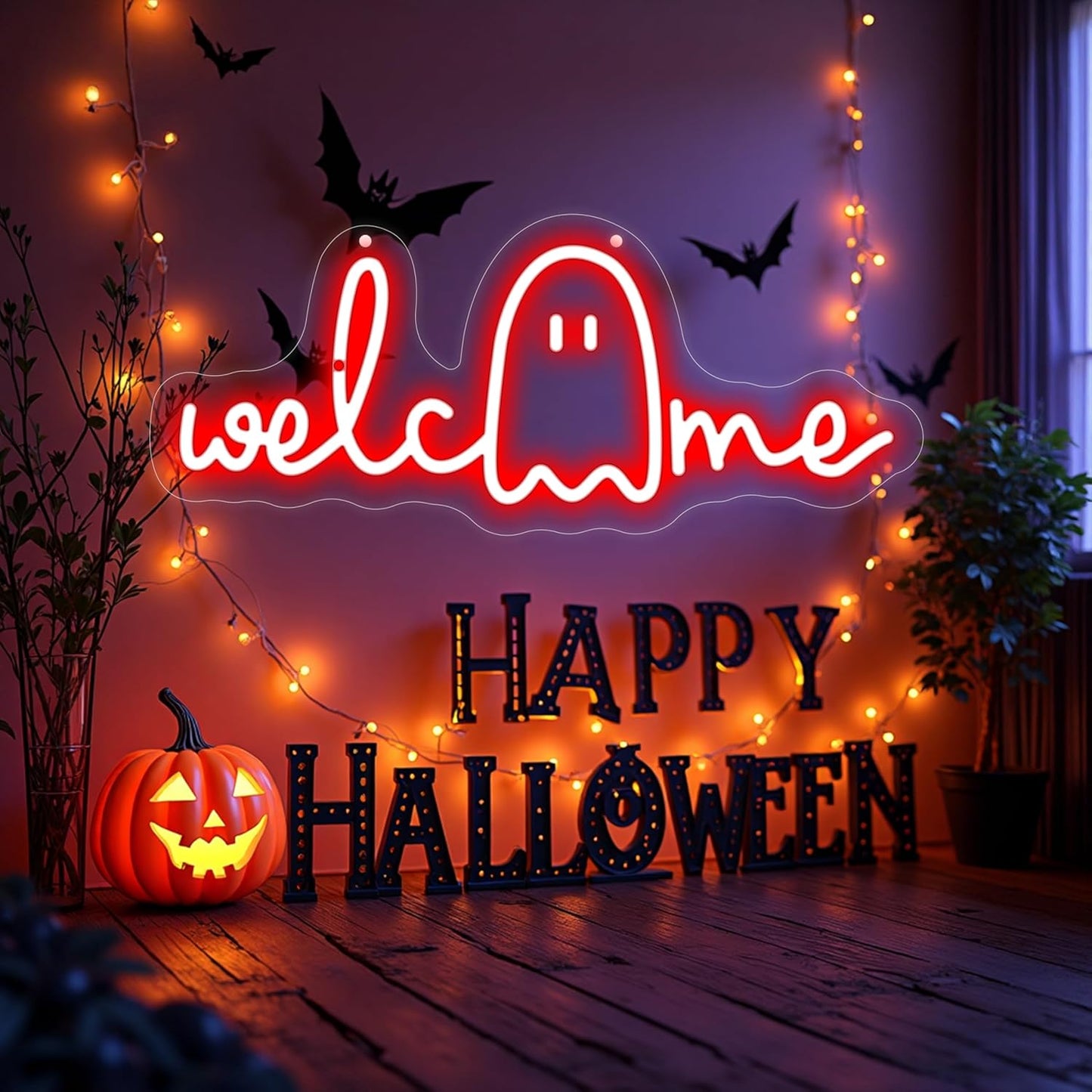 Halloween Welcome Ghouls Neon Sign, Spooky Ghost LED Halloween Decor, Haunted House Entryway Light, Available Gothic Haunted Mansion Light for Bedroom Bar Cave Room Decor Party Home-Red