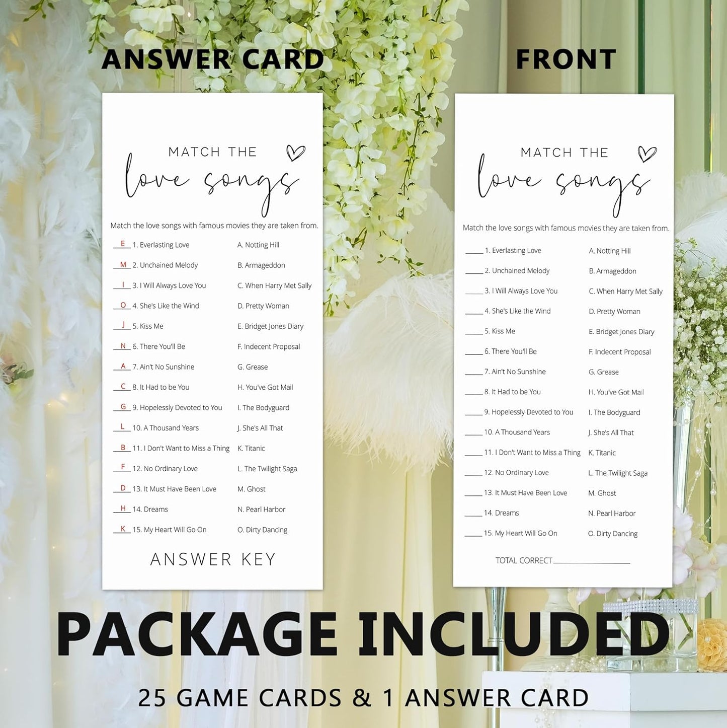 Bridal Shower Games, Match the Love Songs, 25Pcs 4x9in Minimalist White Double-Sided Bridal Game Cards with 1 Answer Key, Wedding Shower Games for Guests, Engagement Bachelorette Party Supplies - A02