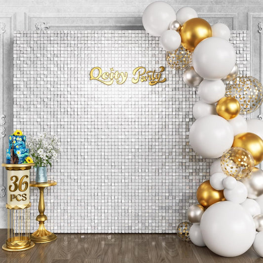Qcity Mirror White Sequin Wall Backdrop 36PCS, Black Back Not See-Through Design, Square Sequin Glitter Backdrop Panel, Perfect for Outdoor Events, Birthdays, Wedding and Party Decoration