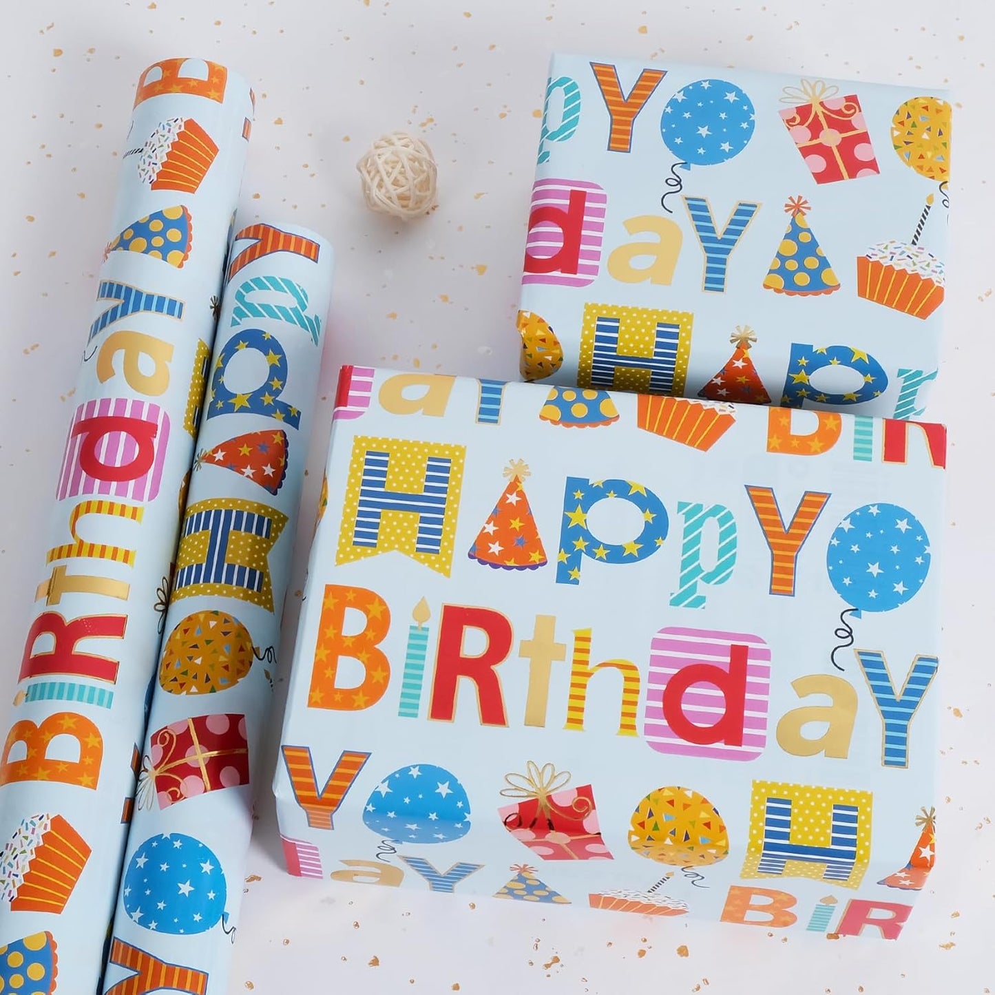 Aimyoo Blue Birthday Wrapping Paper Roll - 17 Inch X 16.4 Feet - Gold Foil Happy Birthday Lettering & Balloon Design Gift Wrap for Kids, Baby Showers