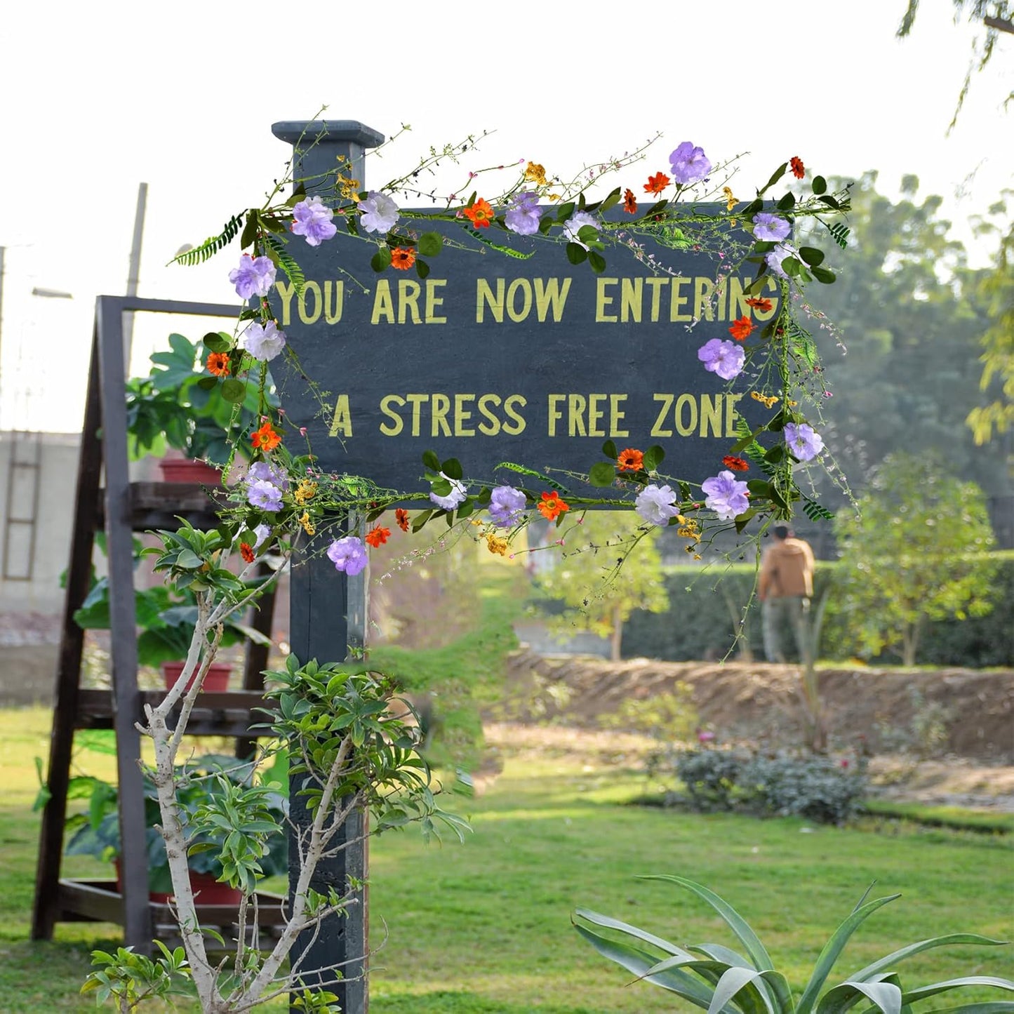 2PCS Artificial Daisy Garland, 6FT Faux Flower Hanging Vine, Purple Flowers Ivy, Spring Garland with Eucalyptus Boston Fern Vine for Sign Board Party Home Decor