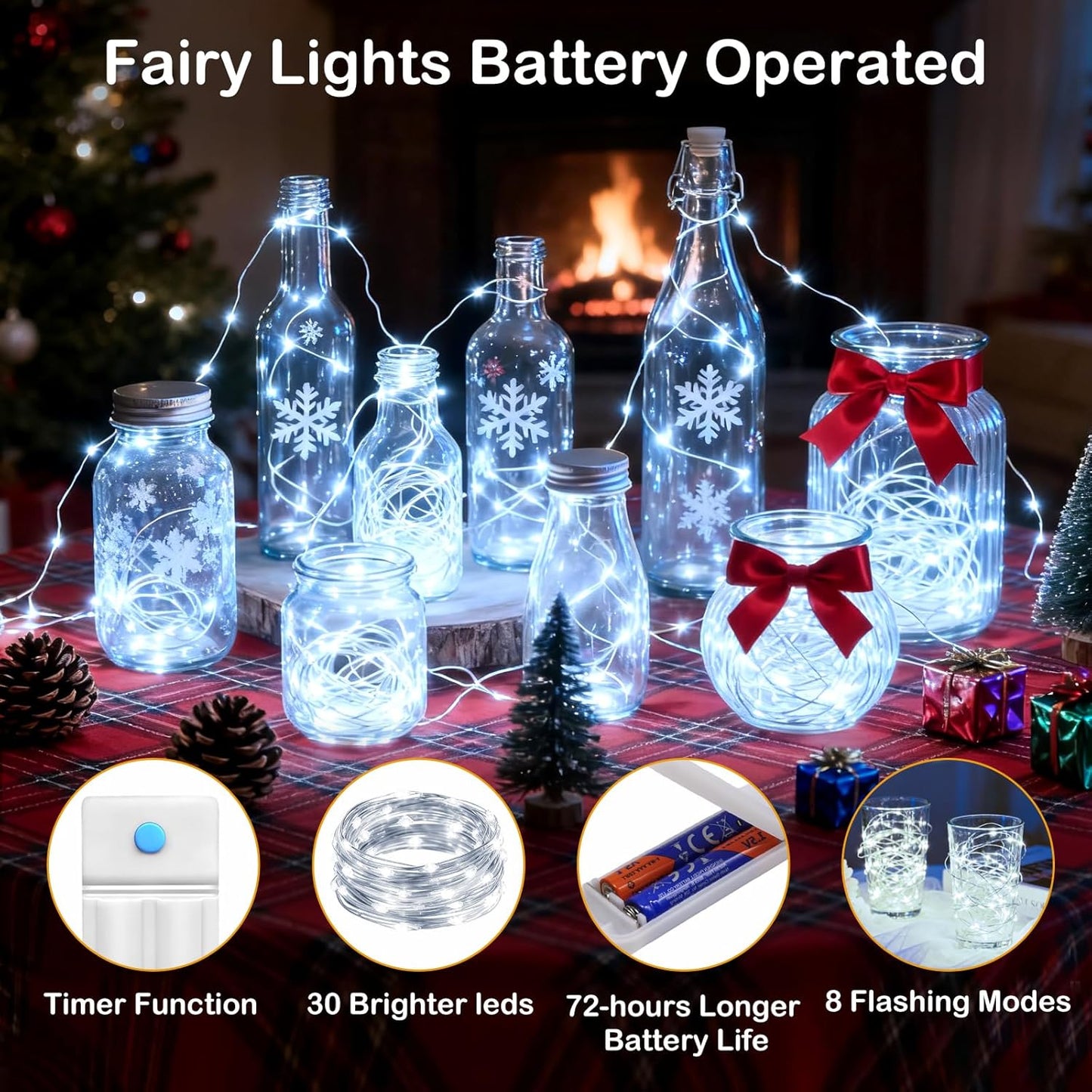 ZNYCYE 10 Pack Fairy Lights Battery Operated，10ft 30 LED String Lights 8 Modes with Timer Waterproof Fairy Lights for DIY Wedding Party Bedroom Mason Jars Christmas Decorations (Cool White)
