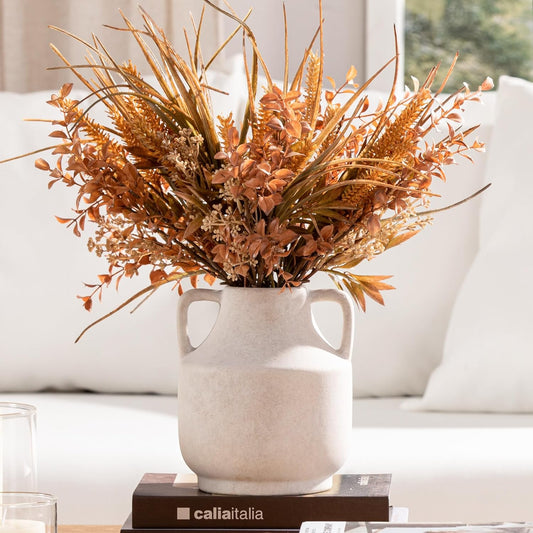 Mitt&Ditt Ceramic Flower Vase with Handles, 8 inch Tall Off-White Vase, Decorative Terracotta Vases, Farmhouse Rustic Pottery Vases for Home Decor, Living Room, Table