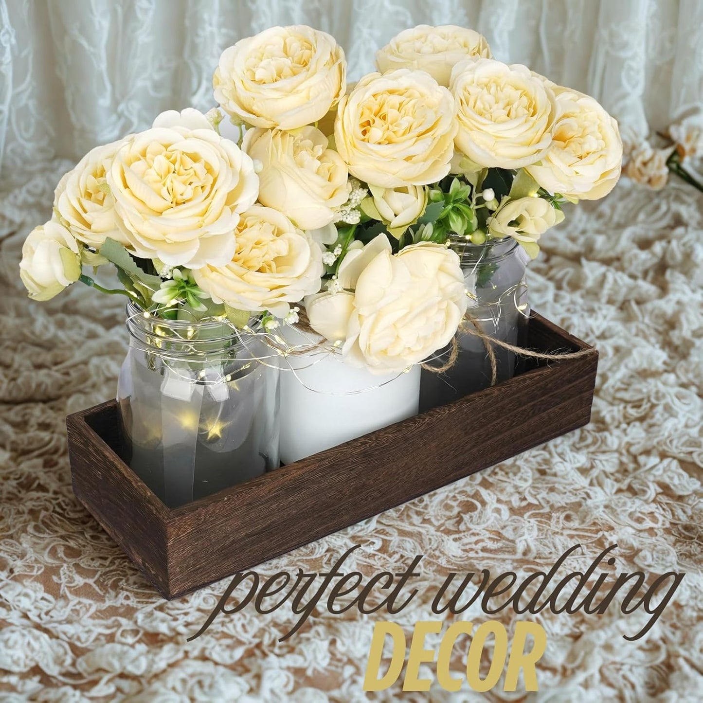 Champagne Floral Mason Jars for Centerpieces – Rustic Table Centerpiece Decorations with Lights & Tray – Wedding Centerpieces for Tables, Dining Room, Party or Reception Decor Kitchen Counter