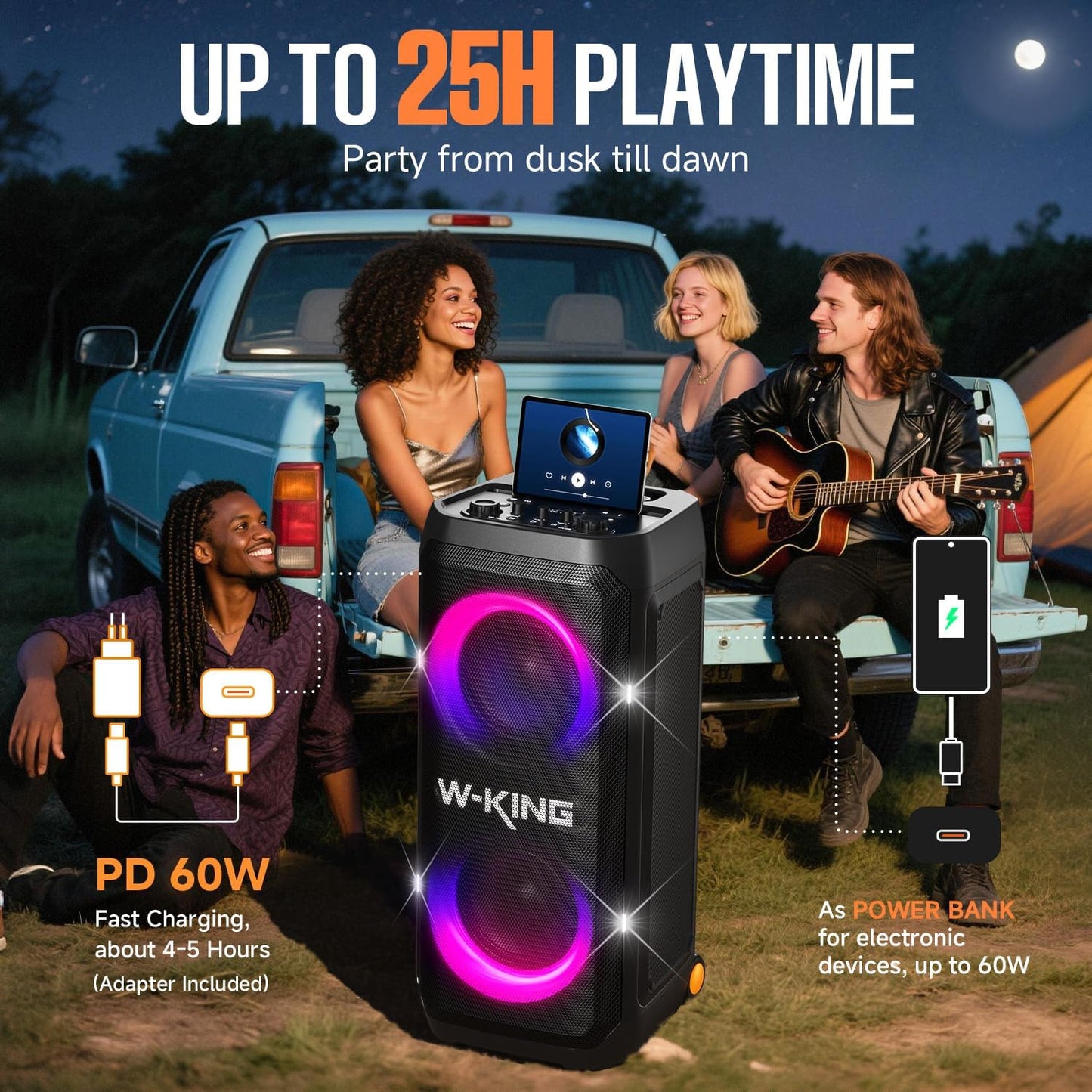 W-KING Portable Speaker Bluetooth Partybox Loud, 370W MAX Pro Sound, Deepest Bass,Large Outdoor Boom Box Wireless,Telescopic Handle&Sturdy Wheels, 25H, Futuristic Light,CSB,MIC&Guitar in,Fast Charge