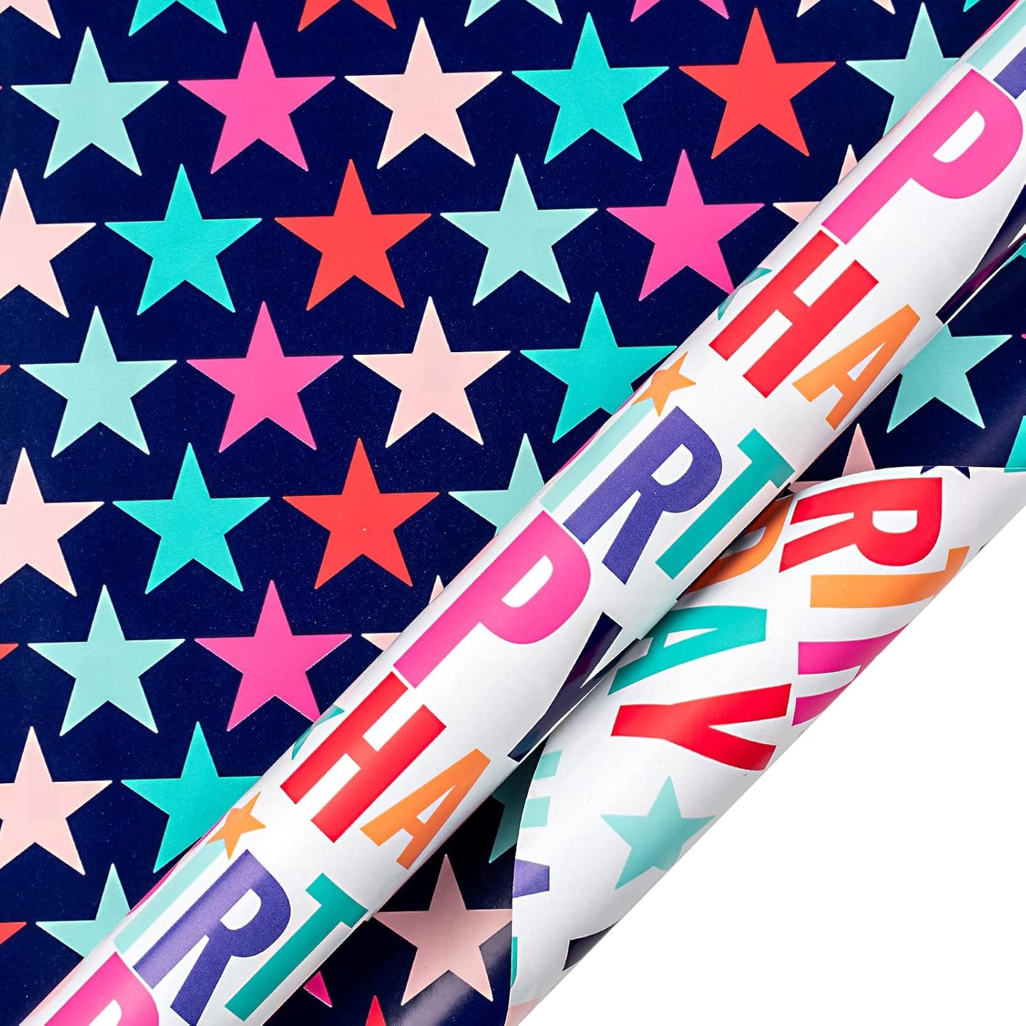 LeZakaa Reversible Stars Birthday Wrapping Paper Roll, Happy Birthday Lettering & Colorful Star, for Boys Girls, Mini Roll, 17 inches x 32.8 Feet (46.45 sq.ft.)