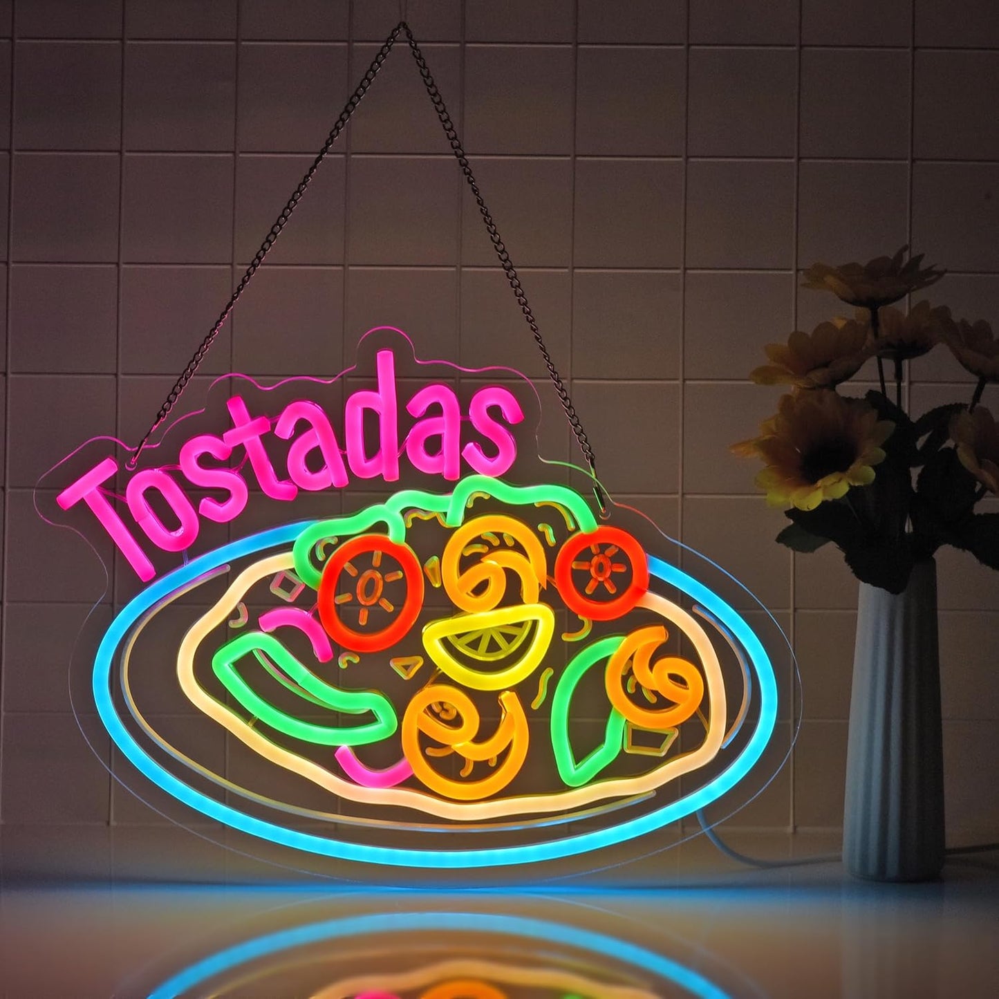 CNBEYOUNG Tostadas Neon Sign, Neon Lights Hanging Wall Art Decoration for Mexican Restaurant Diner Cafés Kitchen Celebration Home Decor, USB Powered Ultra Bright Dimmable,14.96×11.02inches