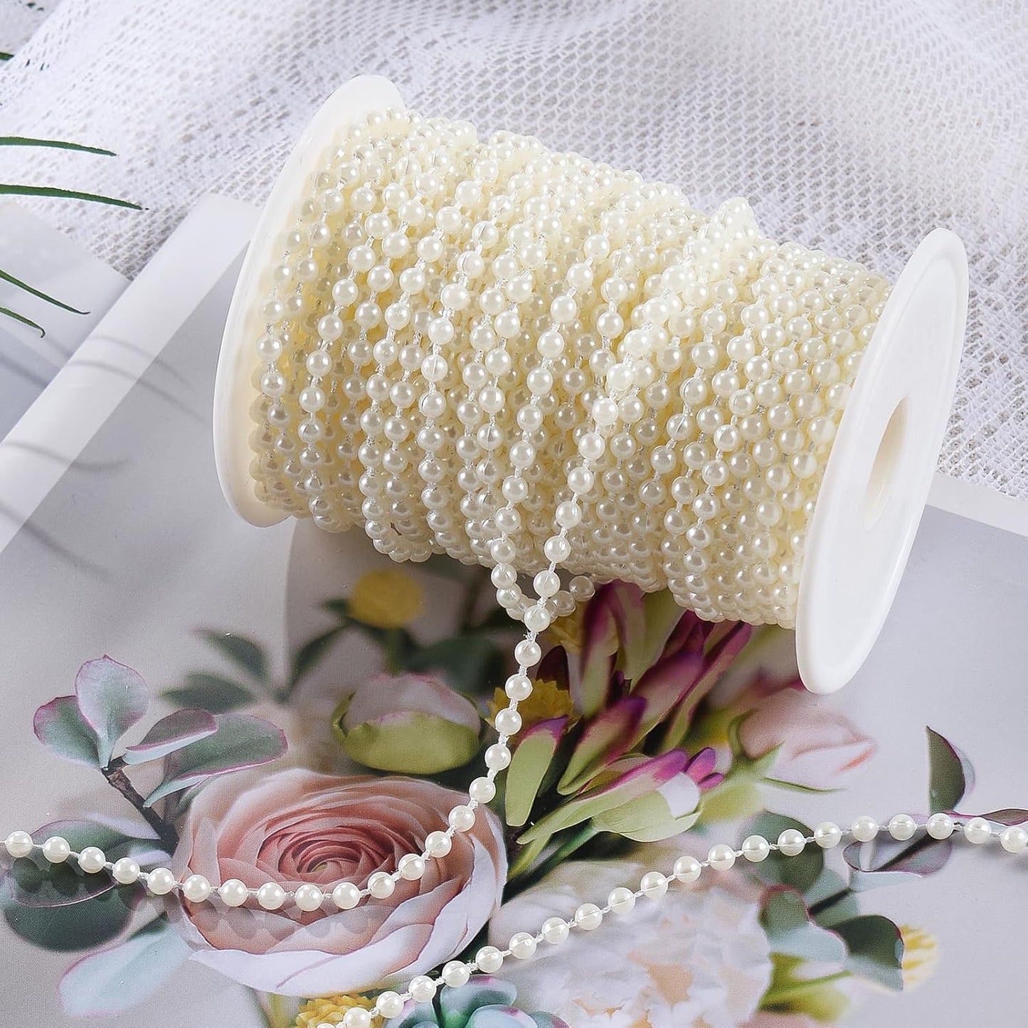4mm Faux Pearl Beads String Garland Pearls for Crafting Bead Roll Strand for Wedding Party Christmas Tree Decorations, 66 Feet, Ivory