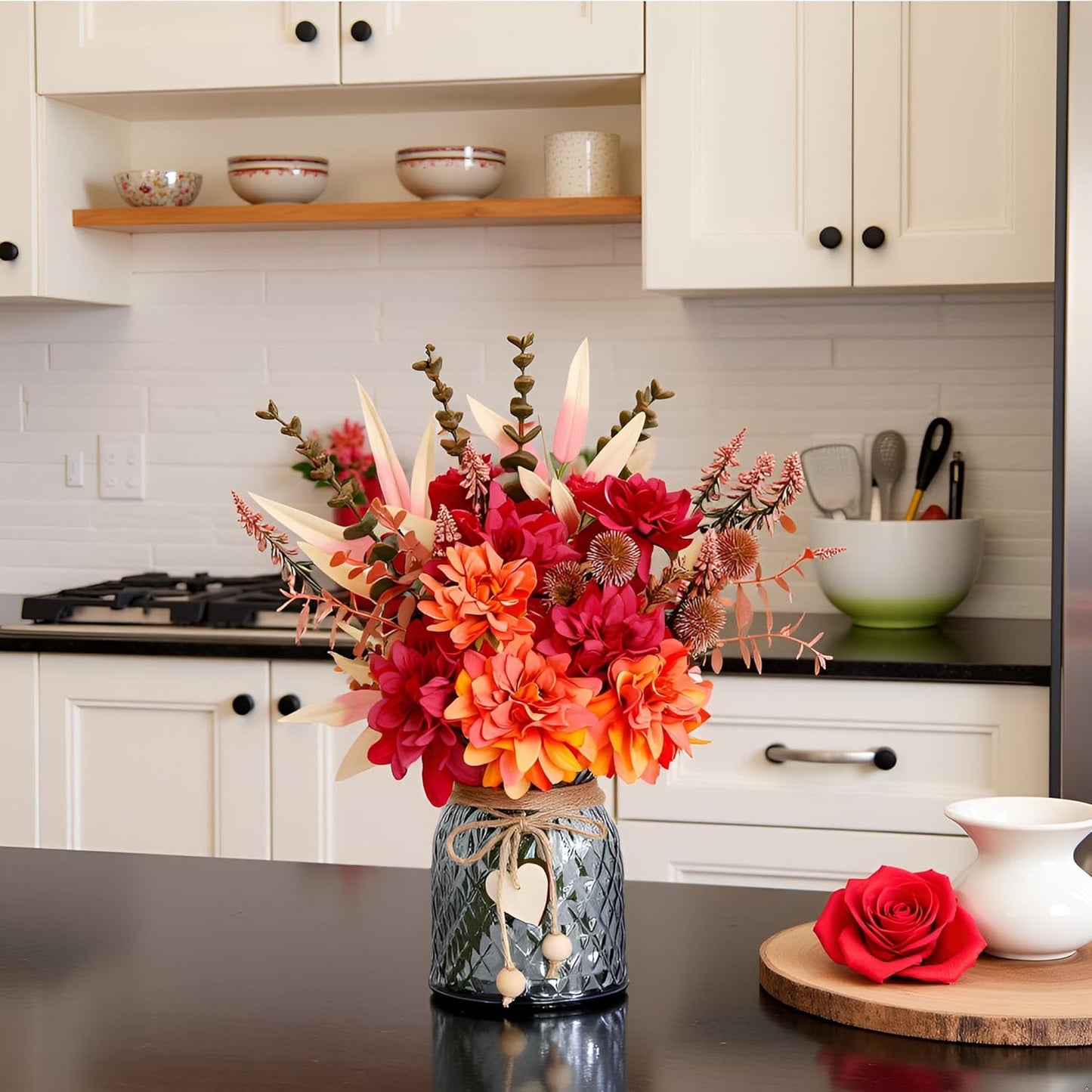 Fake Fall Flowers in Vase,Faux Flowers in Vase,Fall Floral Arrangement,Fall Centerpieces for Tables,Artificial Flowers,Kitchen Decor,Coffee Table Decor