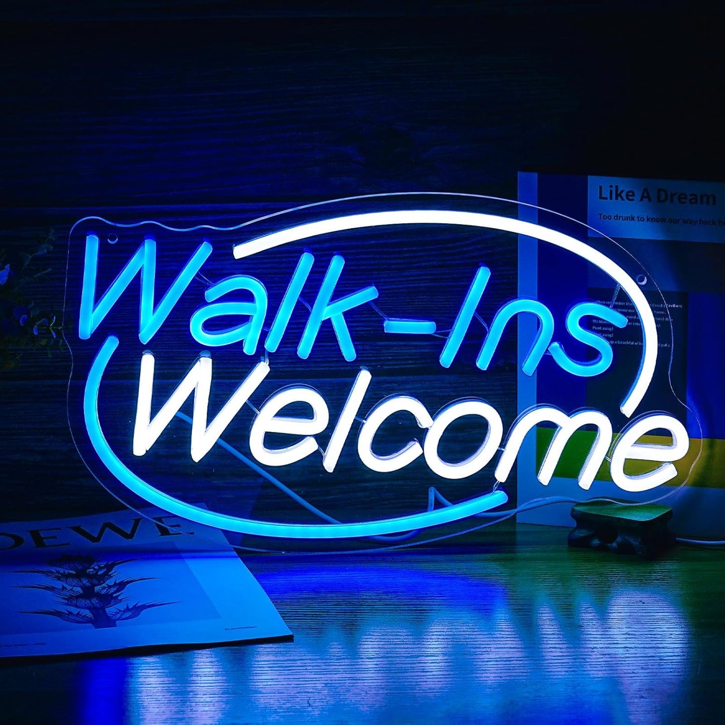 Walk-Ins Welcome Neon Sign, Neon Sign For Wall Decor, Blue + White Led Signs Usb Powered, Living Game Room Decor, For Bedroom Restaurant Bar Hotel Shop Party Birthday (16.5x9.4in)