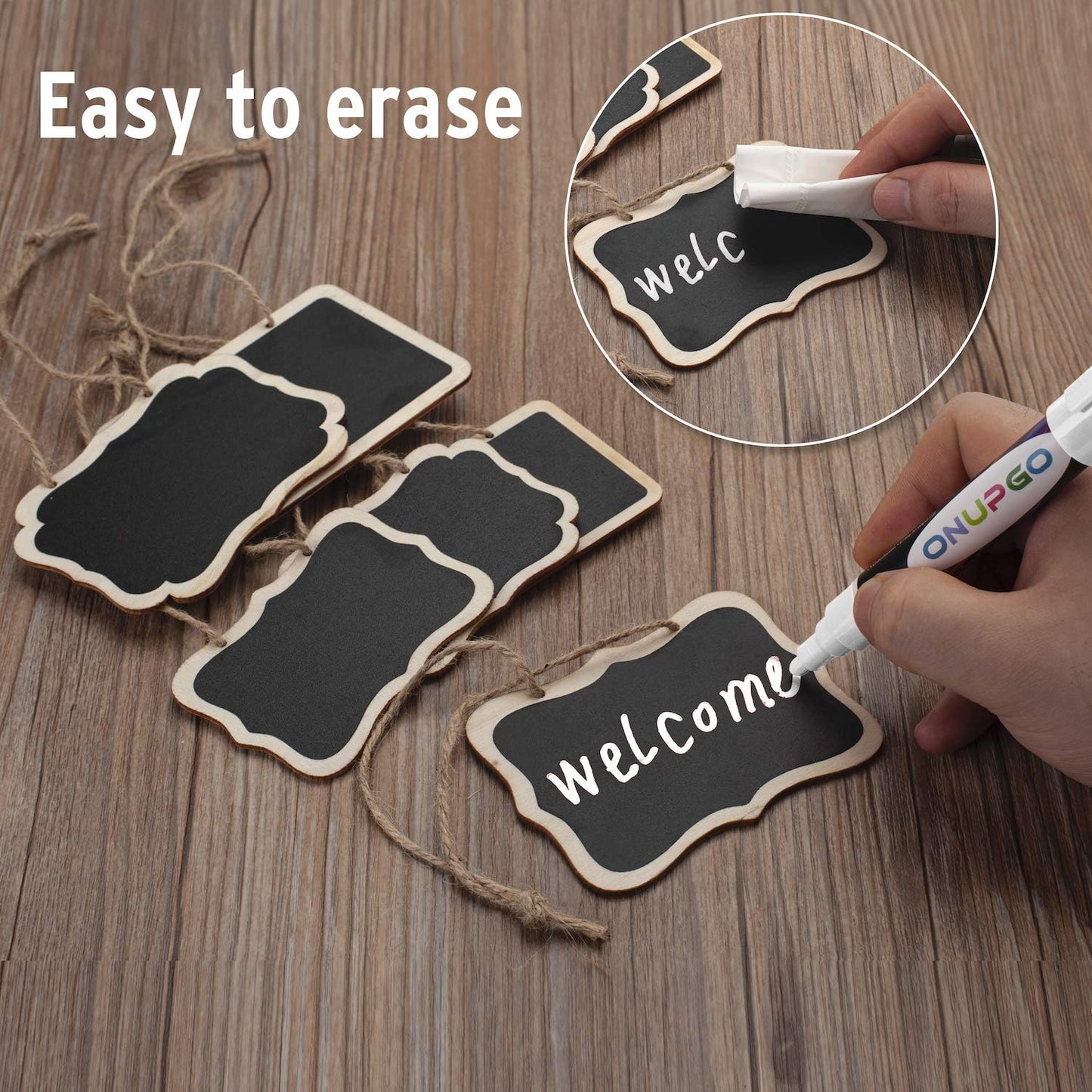 ONUPGO 16 Pack Chalkboard Tags with String, 4"x3" Hanging Chalkboard Signs with Liquid Chalk Marker, Wooden Mini Blackboard Tags Massage Board Tags, Hanging Chalkboard Price Tags