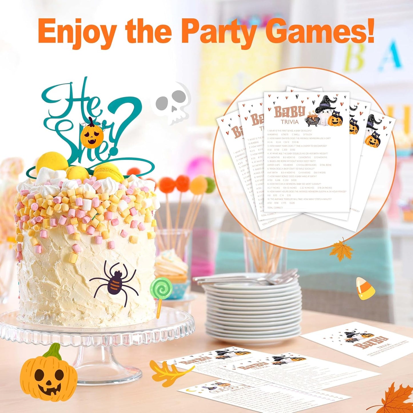Baby Shower Games, Halloween Baby Trivia, 25 Double-Sided Game Cards + 1 Answer Card for Gender Reveal Party Decorations Supplies Announcement - B05