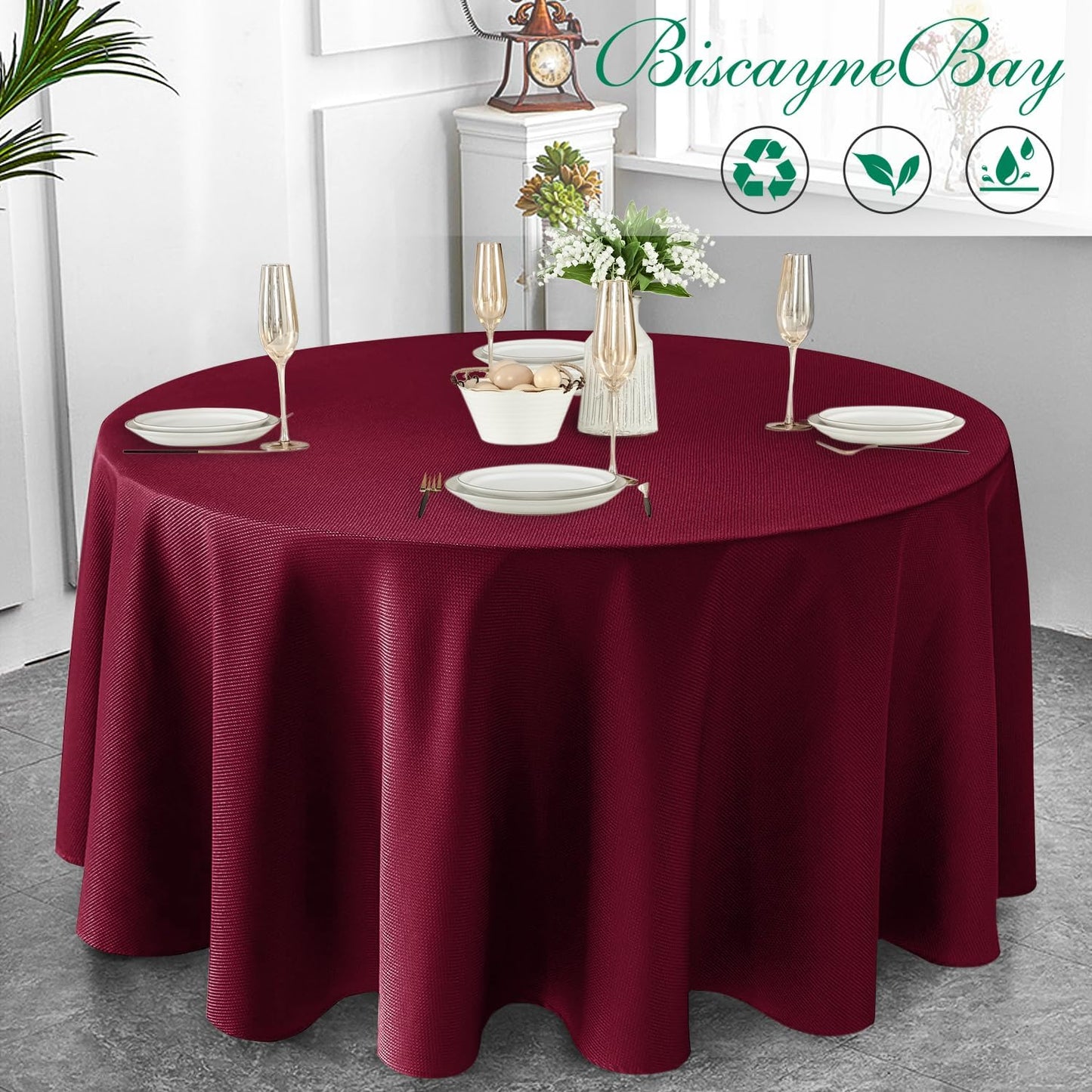 Biscaynebay Textured Fabric Christmas Round Table Cloth 90", Burgundy Water Resistant Washable Folding Table Cloths for Dining, Kitchen, Wedding & Parties Machine Washable