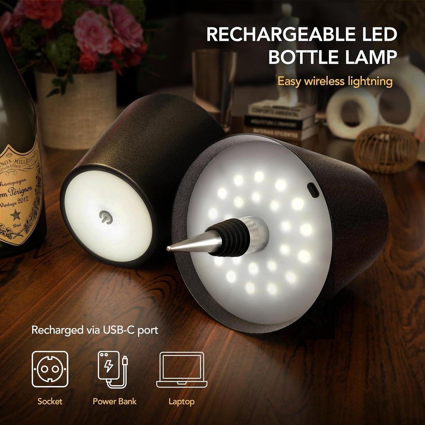 Wireless Bottle Lamp, For Any Type of Bottle - LED Bottle Lamp for Indoor & Outdoor - 100% Waterproof - Adjustable Brightness and Light Temperature 3000-6000K - Wireless & Rechargeable (White)