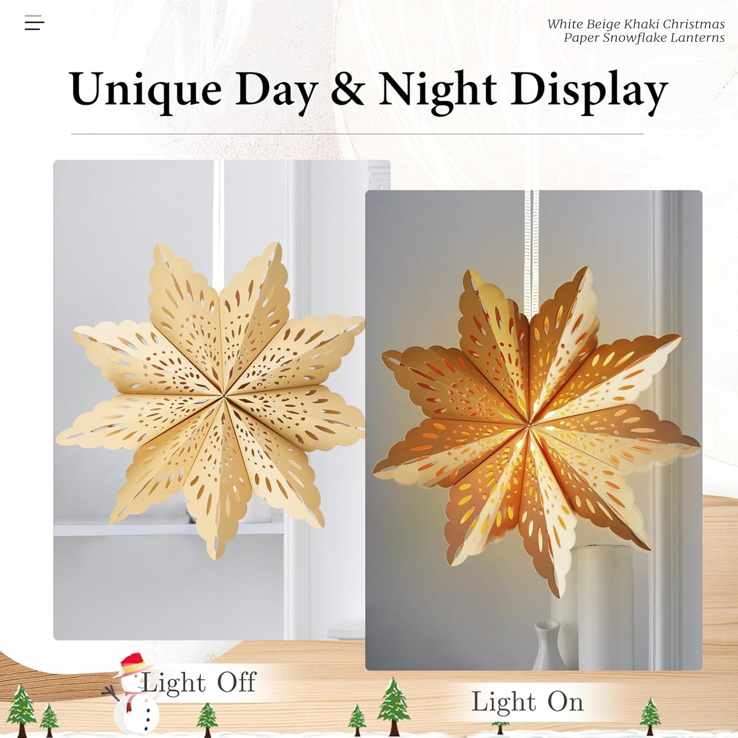 5Pcs Christmas Paper Snowflake Lanterns, Large Christmas Paper Star Lanterns with LED Lights White Beige Khaki Hanging Snowflake Lamps for Xmas Winter Frozen Wedding Birthday Holiday Party Decorations