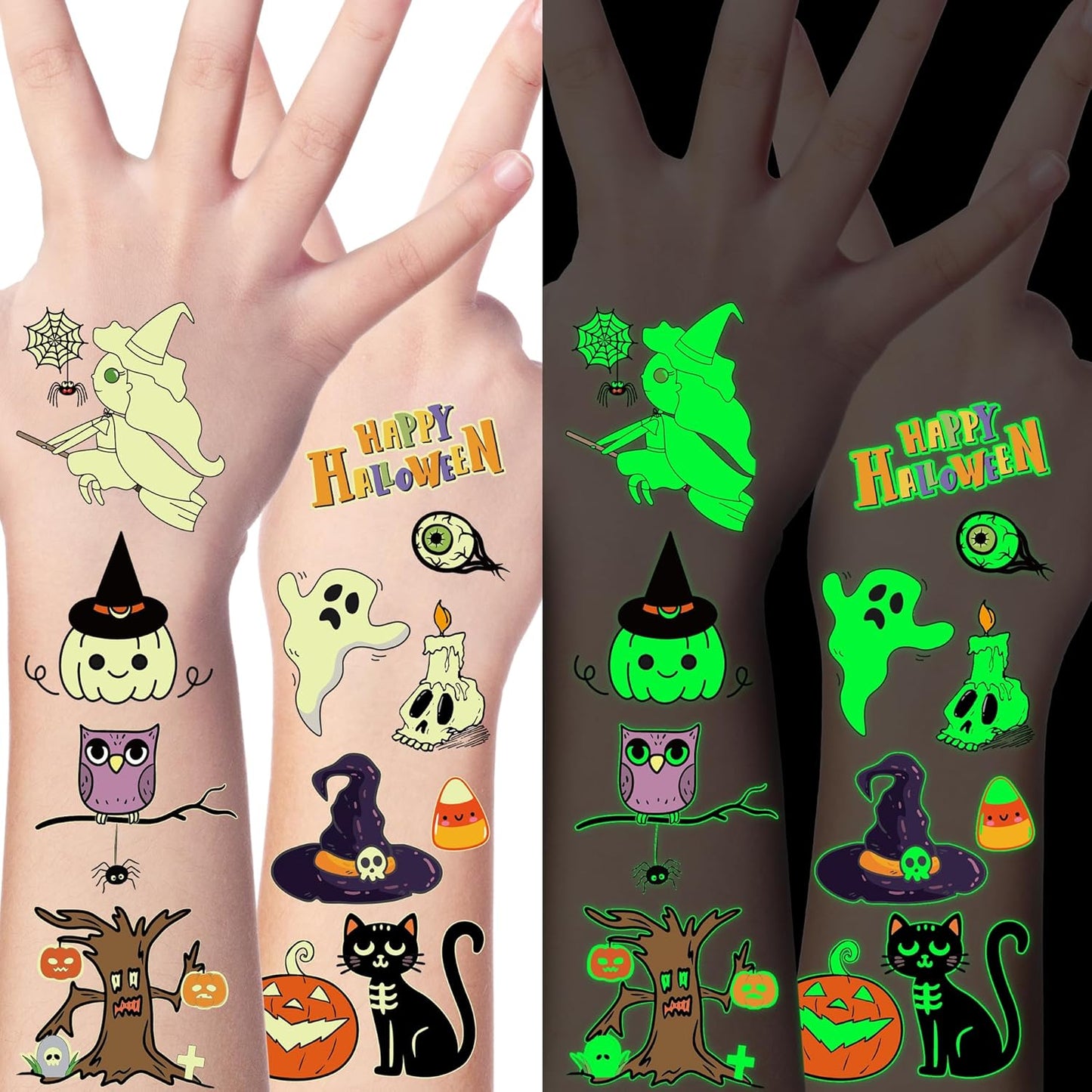 145 Styles Halloween Tattoos for Kids, 12PCS Halloween Luminous Tattoos, Glow in Dark Ghosts Pumpkin Fake Temporary Tattoos Stickers Bulk for Trick or Treat Party Decorations Accessories Supplies