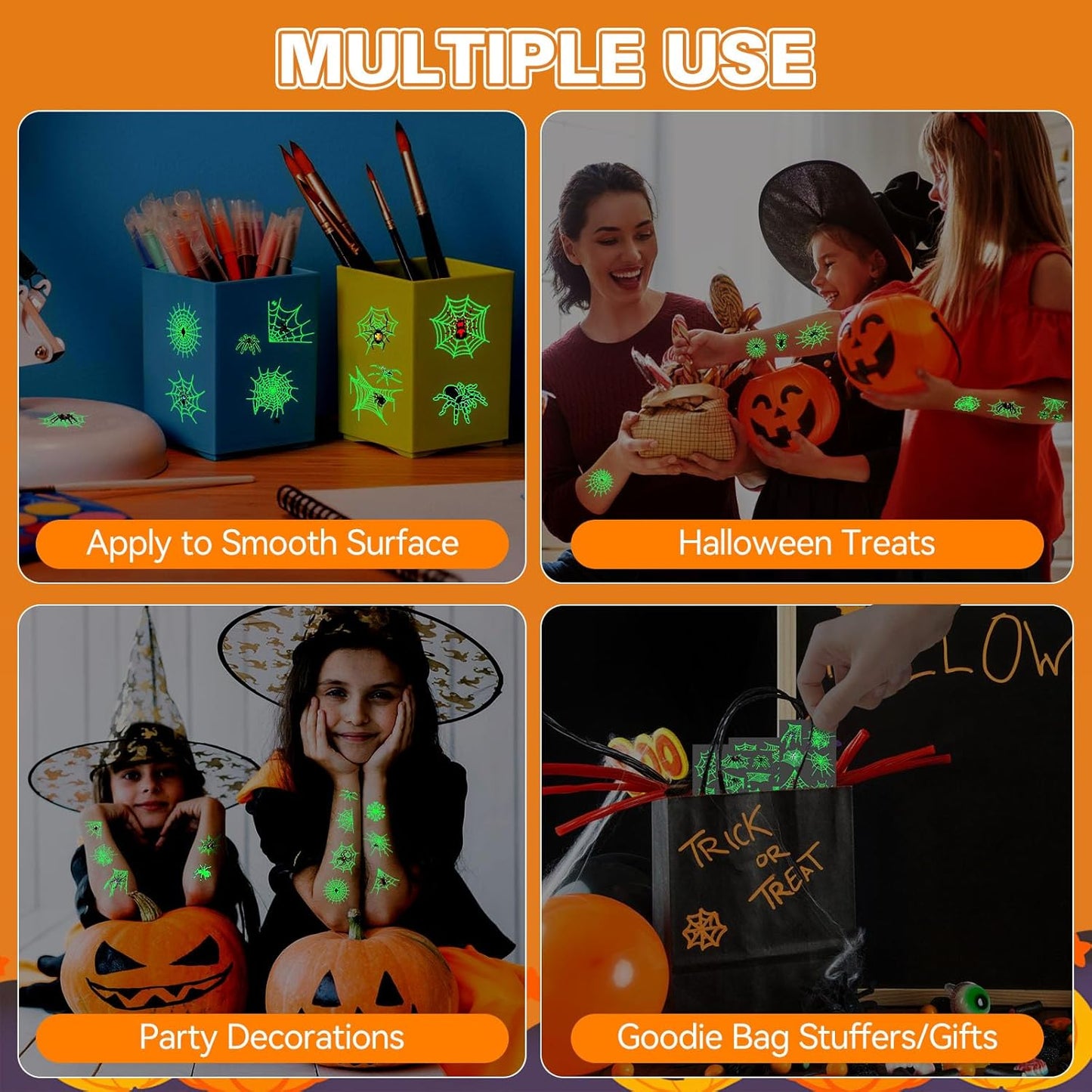 Luminous Halloween Temporary Tattoos for Kids，Halloween Party Favors-10 Sheet Glow Halloween Spider Web Tattoos for Boys and Girls,Halloween Decorations,Games Gift Prizes for Kids,Goodie Bag Fillers