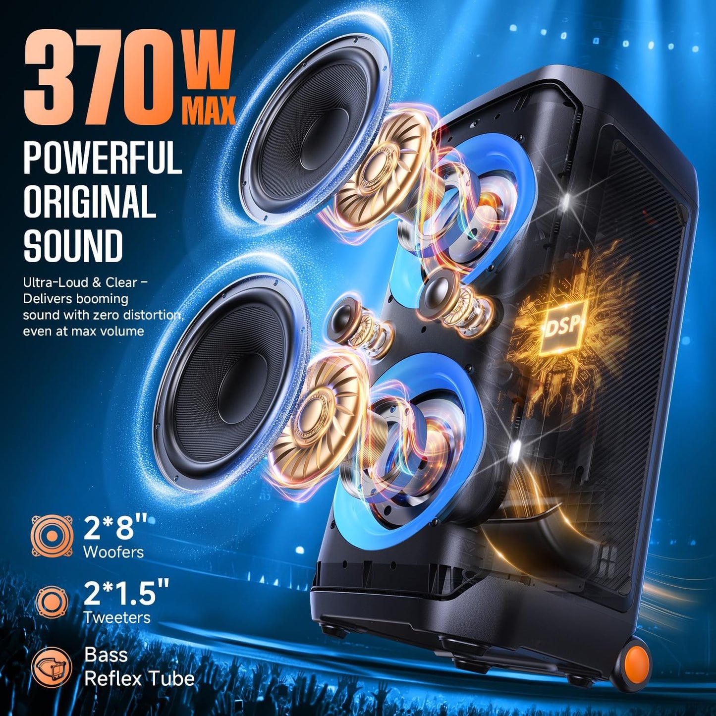 W-KING Portable Speaker Bluetooth Partybox Loud, 370W MAX Pro Sound, Deepest Bass,Large Outdoor Boom Box Wireless,Telescopic Handle&Sturdy Wheels, 25H, Futuristic Light,CSB,MIC&Guitar in,Fast Charge
