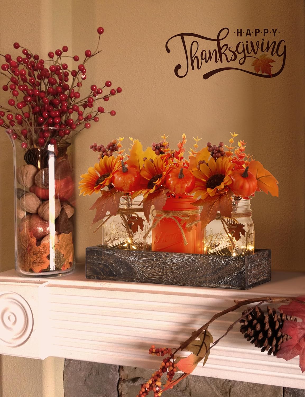 Fall Thanksgiving Table Decor, Centerpieces for Tables with Mason Jars, Fake Flowers, Wood Tray, 25 Pcs Pumpkin Fall Thanksgiving Centerpieces Table Decorations for Home Indoor, Autumn Decor