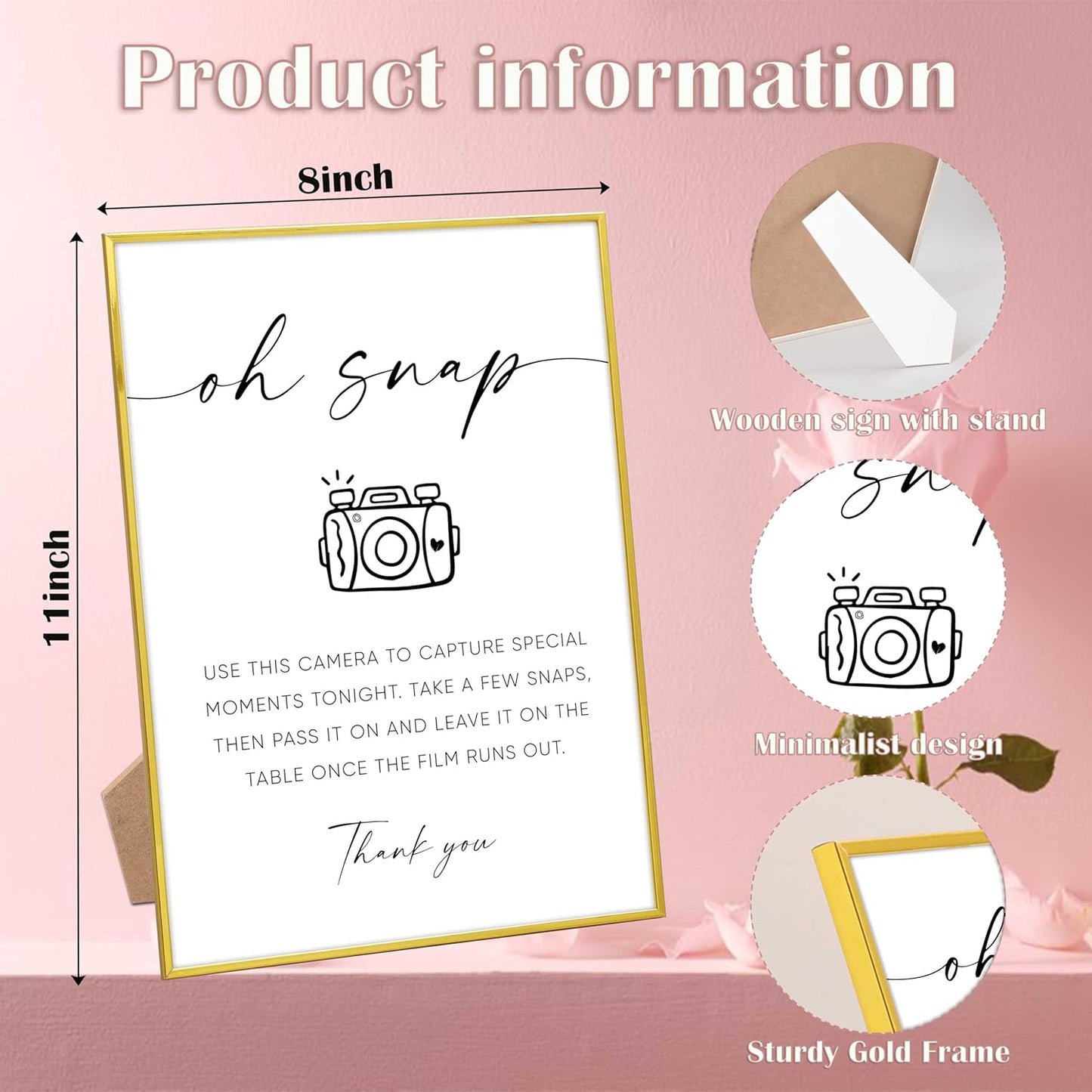 Oh Snap Sign, Wedding Disposable Camera Sign, Engagement Party Desk Decor for Guest book Alternative, Bridal Shower and Wedding Reception, Wedding Party Favors, Gold Frame Wedding Signs with Stand,6